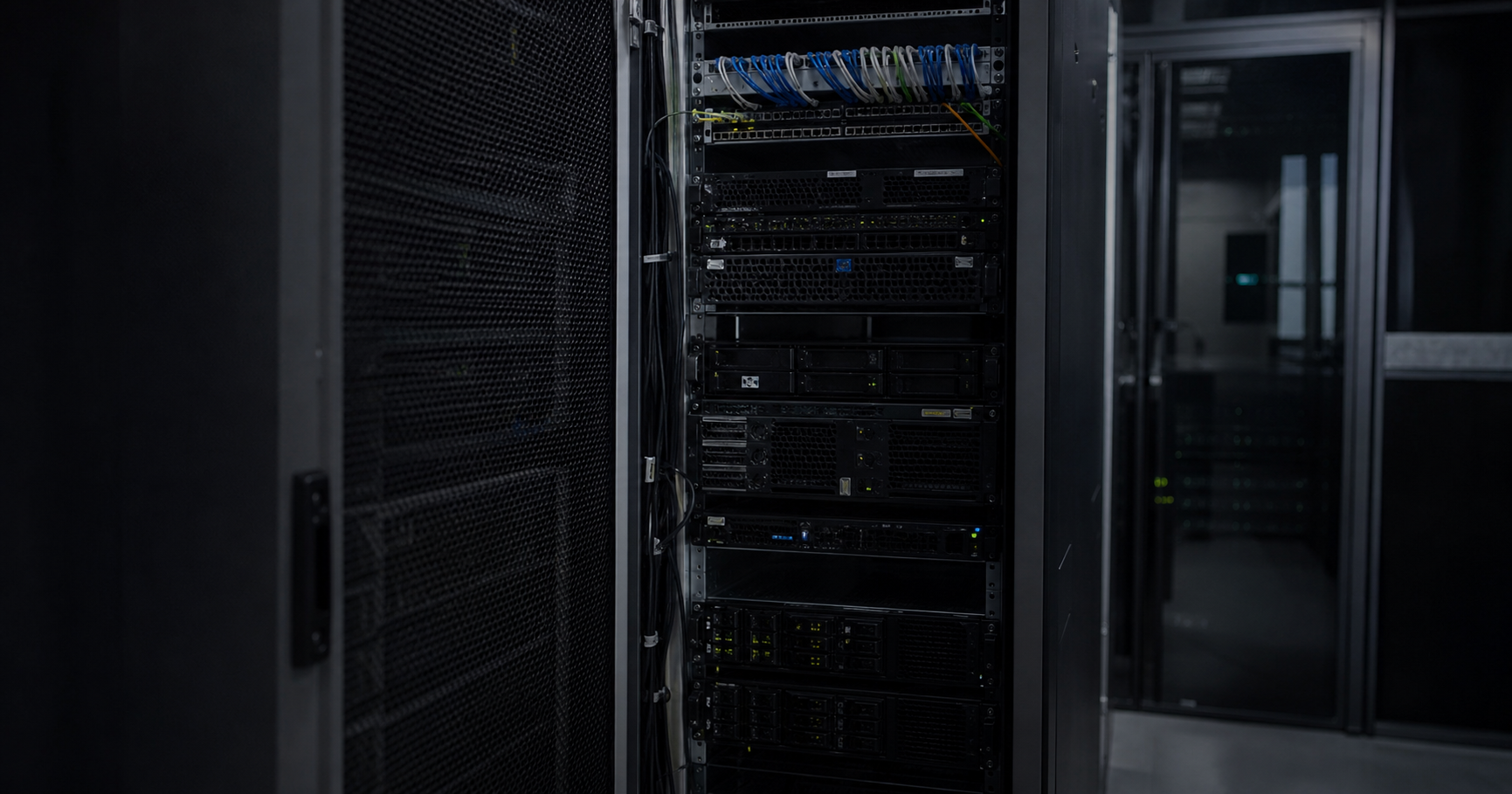 A dimly lit server rack with a single network port labelled 'AS211896' and an unplugged cable, representing a dormant internet registration waiting to be activated.
