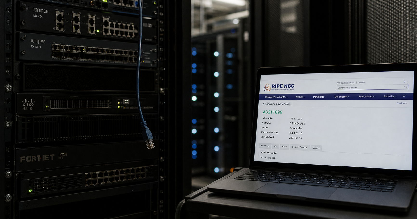 A dimly lit server room with a single rack of networking equipment, emphasizing uncertainty and potential of an idle AS number.