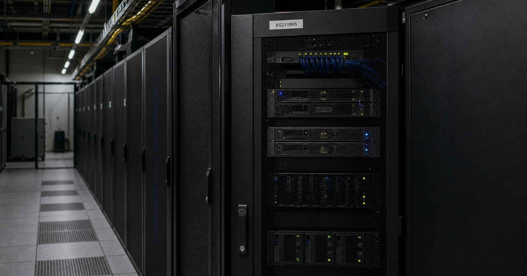 A dormant server rack labeled AS211895 in a dark data center, symbolizing an inactive network registration awaiting operation.