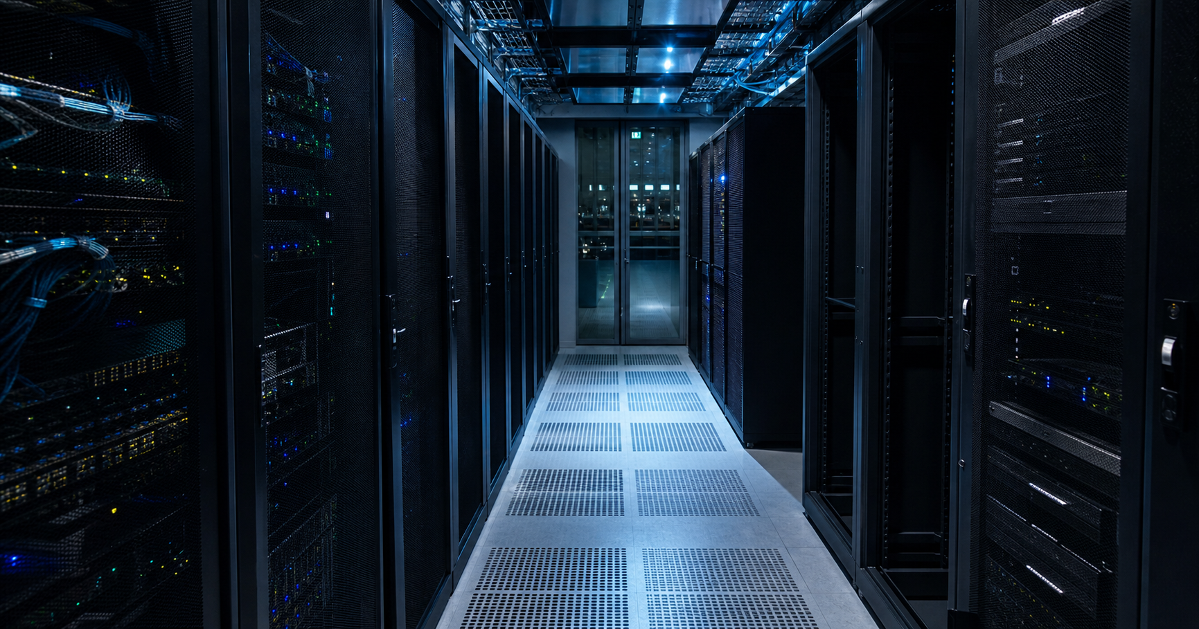A quiet data center aisle at night with a server rack labeled AS211892, its lights dark except for a pulsing amber administrative LED.