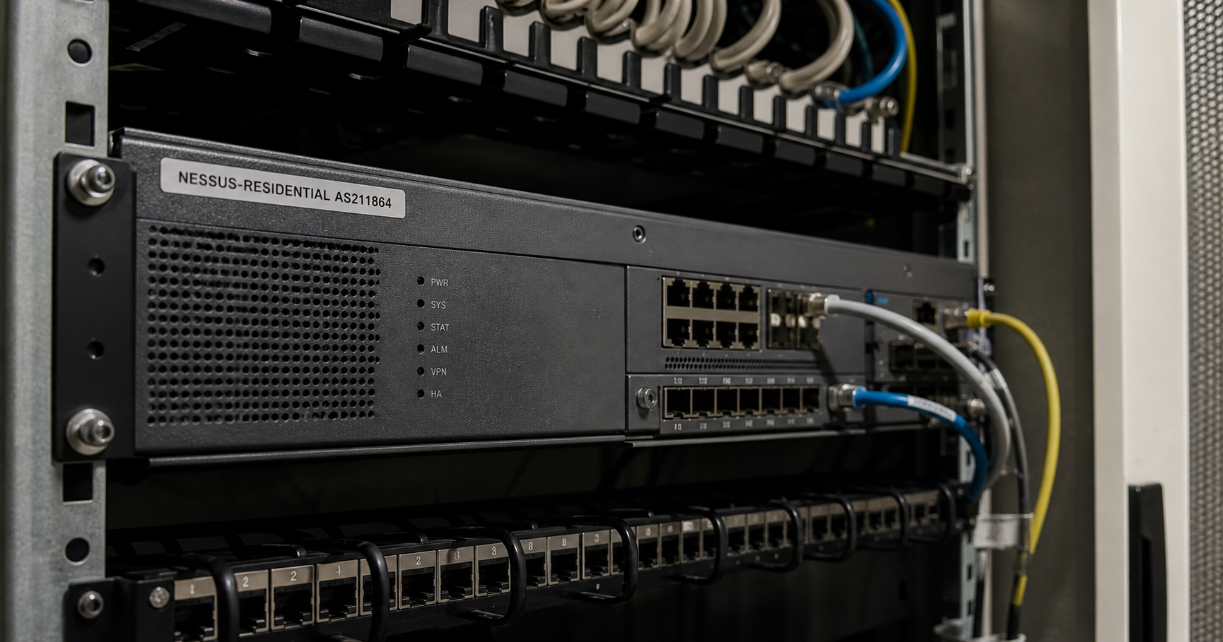 A dimly lit telecom closet with a single rack-mounted router labeled 'NESSUS-RESIDENTIAL AS211864', no link lights active.