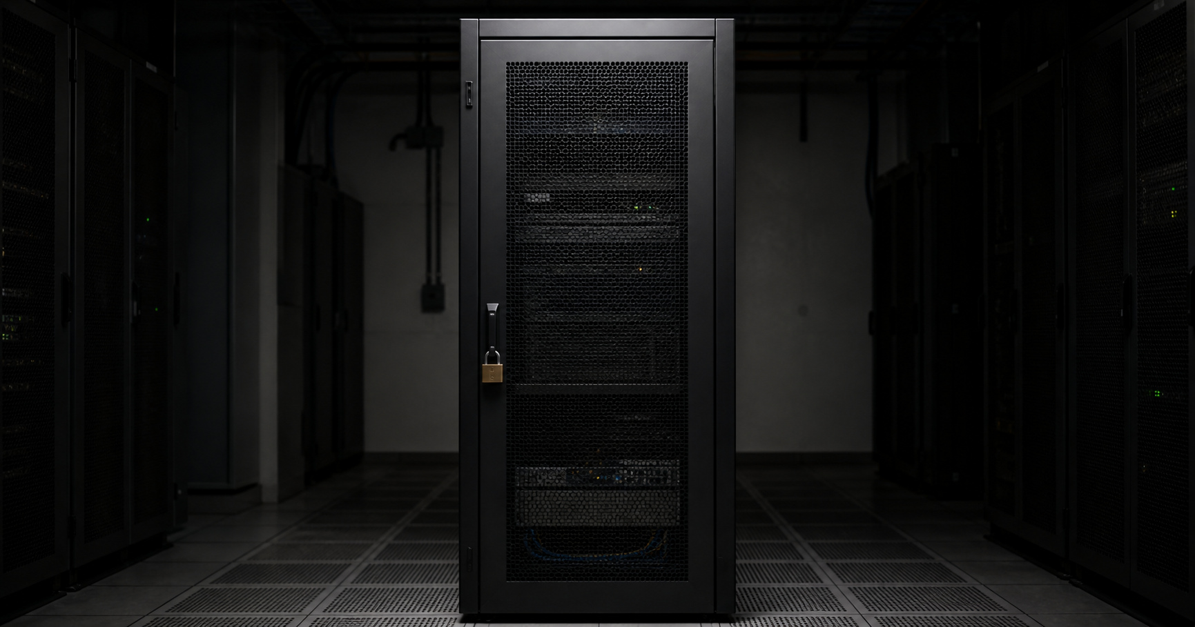 A locked steel cabinet in a darkened server room, with a single unlit network cable and a registry file resting on top, labeled AS211859.