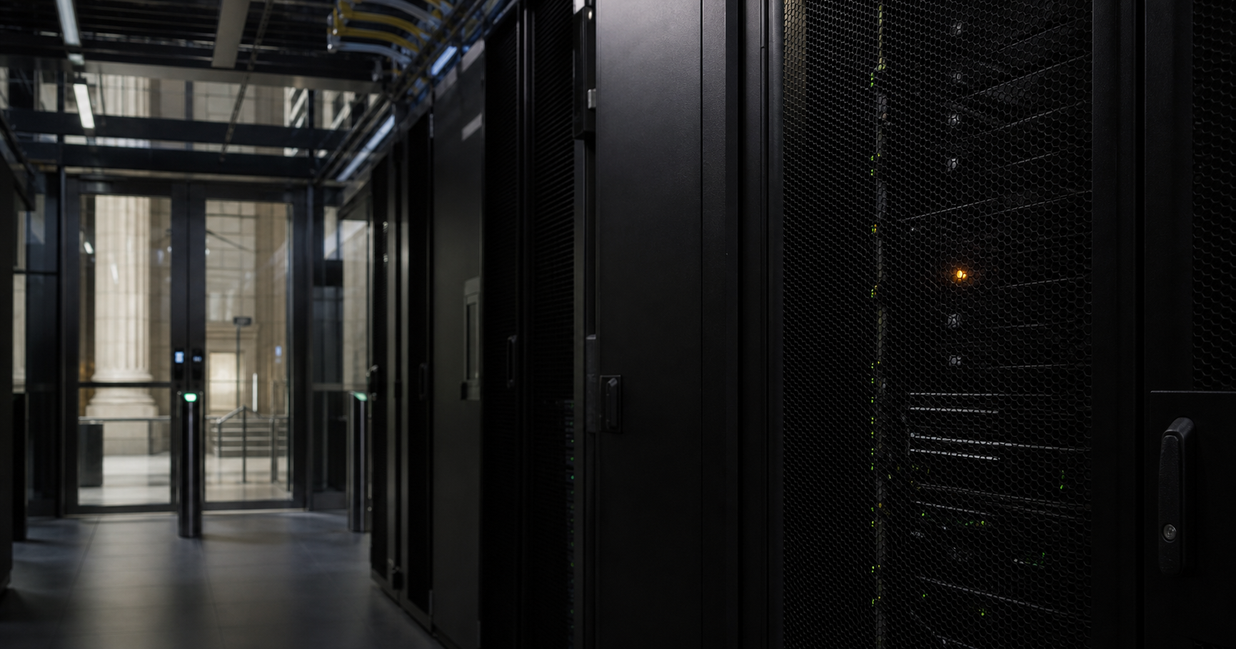 A dimly lit server rack in a secure financial data center with a single blinking amber light and empty BGP routing tables, labeled AS211856 – silent, with Amsterdam's financial district visible through a window.