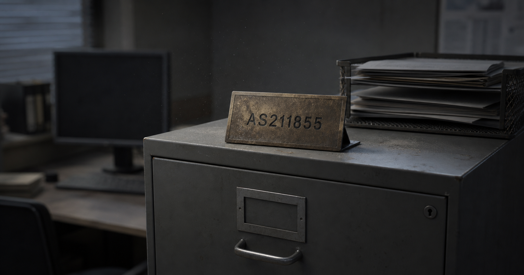 Illustration showing a dormant ASN icon in front of a filing cabinet, representing the registry record without active network.