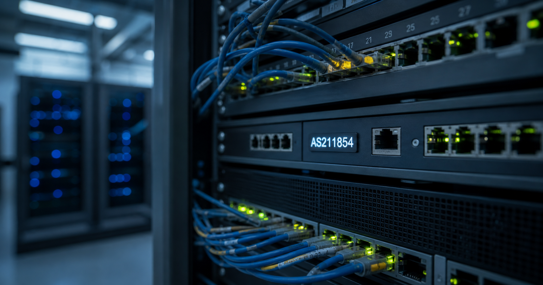 A representation of a dormant Internet connection: a single network rack port with no cable connected, set against a subdued data center background, symbolizing the latent ASN holding without active routing.
