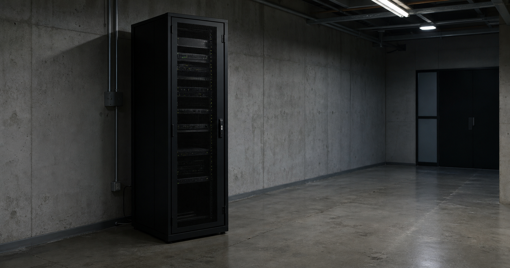 A dimly lit server room with a single rack labeled 'AS211853 – MATTHEW-FREE Koshkin Matvey' and all indicator lights dark, symbolizing the label's dormant operational state.