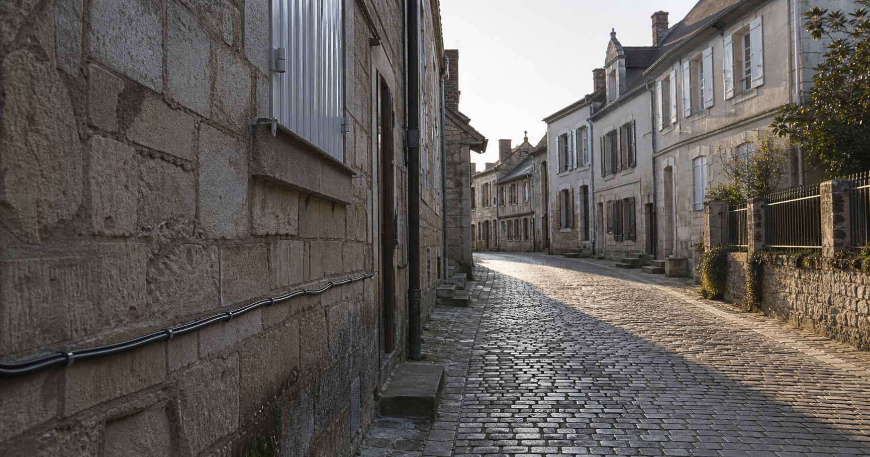 A narrow cobblestone street in a French town, hinting at the quiet presence of an unactivated autonomous system registered to a local association.