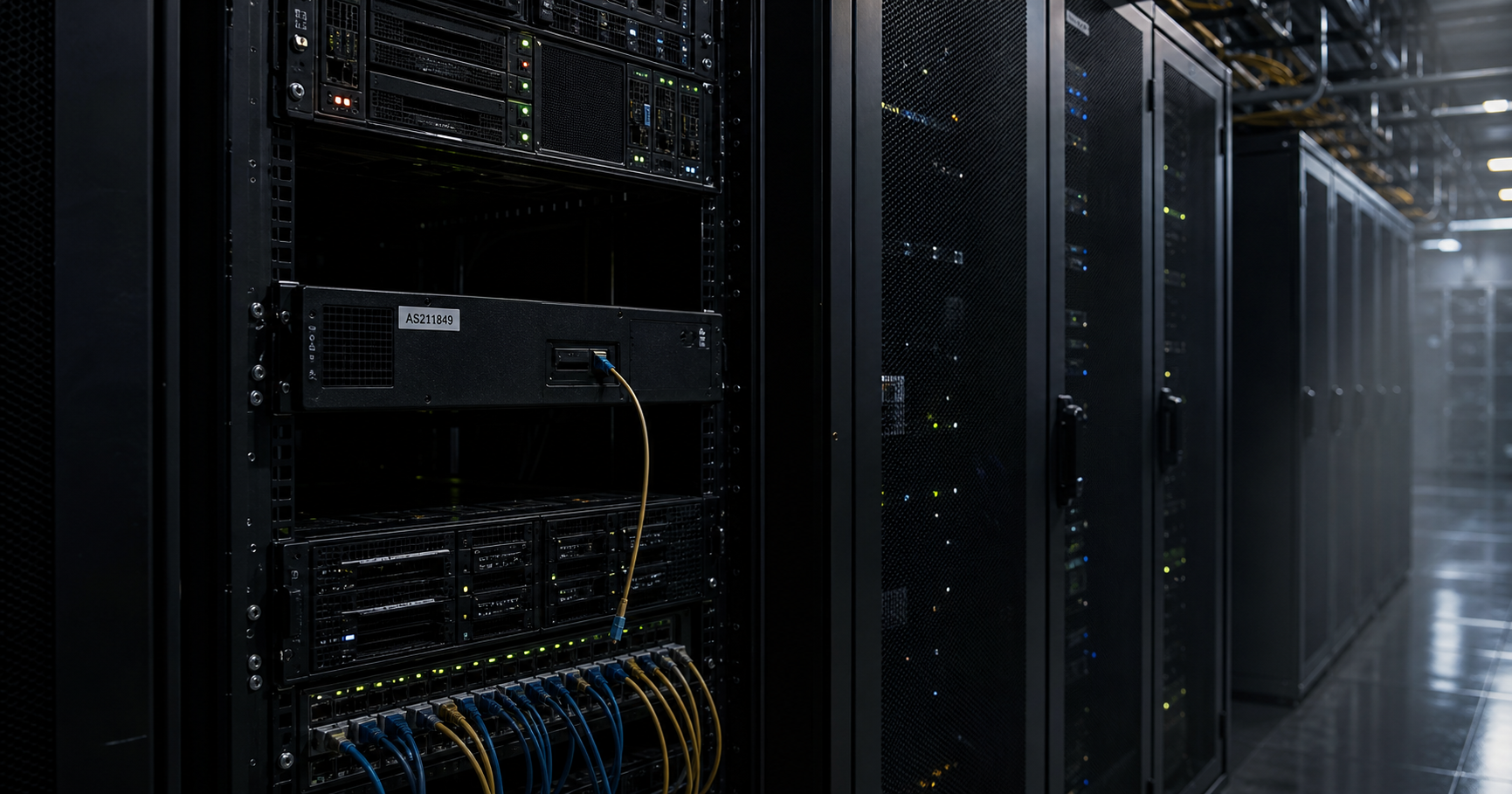 A dark server rack with one inactive unit labeled AS211849, symbolizing a dormant autonomous system.