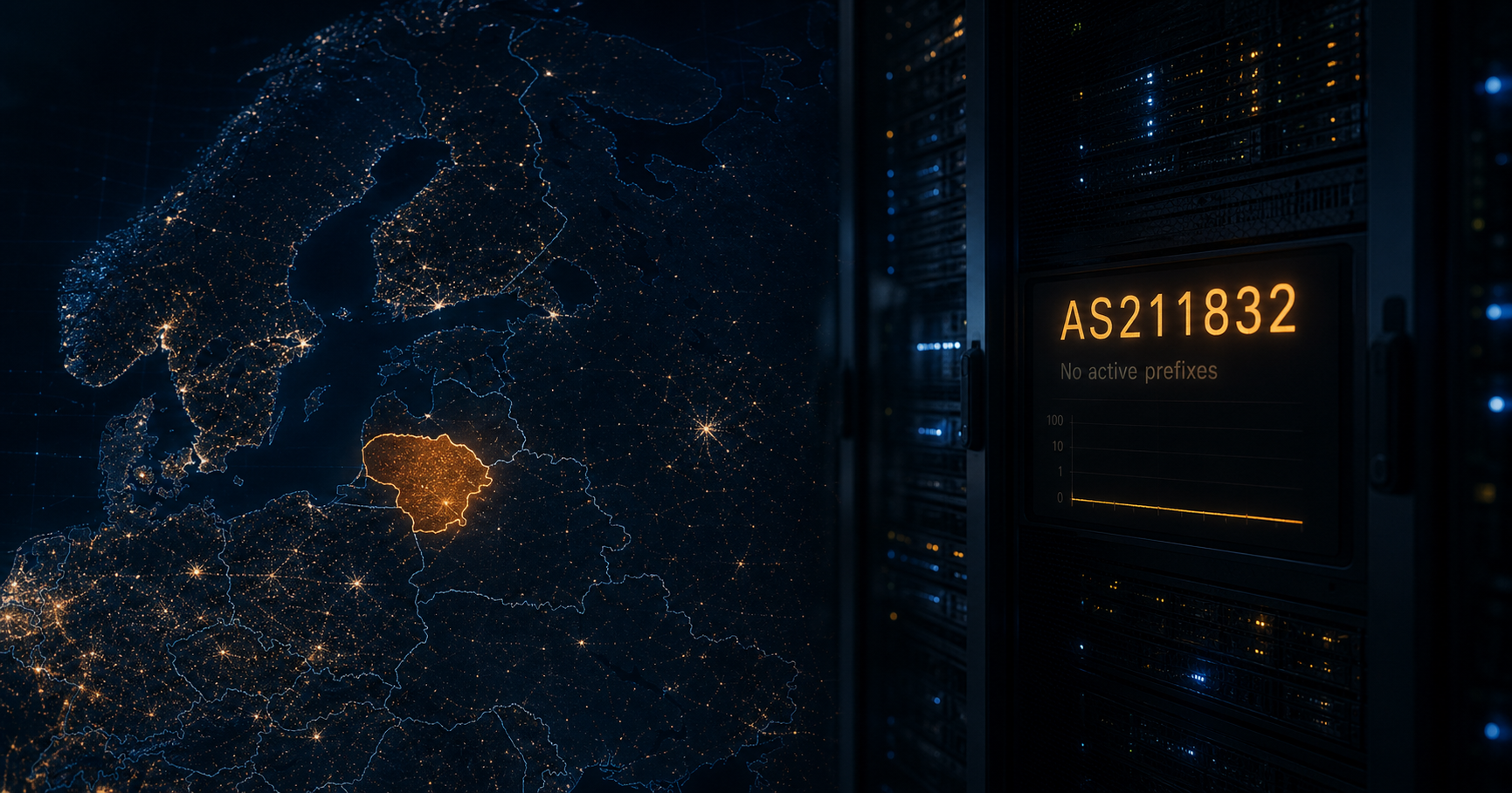 AI-generated editorial image for Artea-LT AB "Artea bankas" showing the public operating context described by verified sources: Artea-LT AB "Artea bankas" holds AS211832, which currently has no active prefixes; its public role is confined to a registry placeholder.