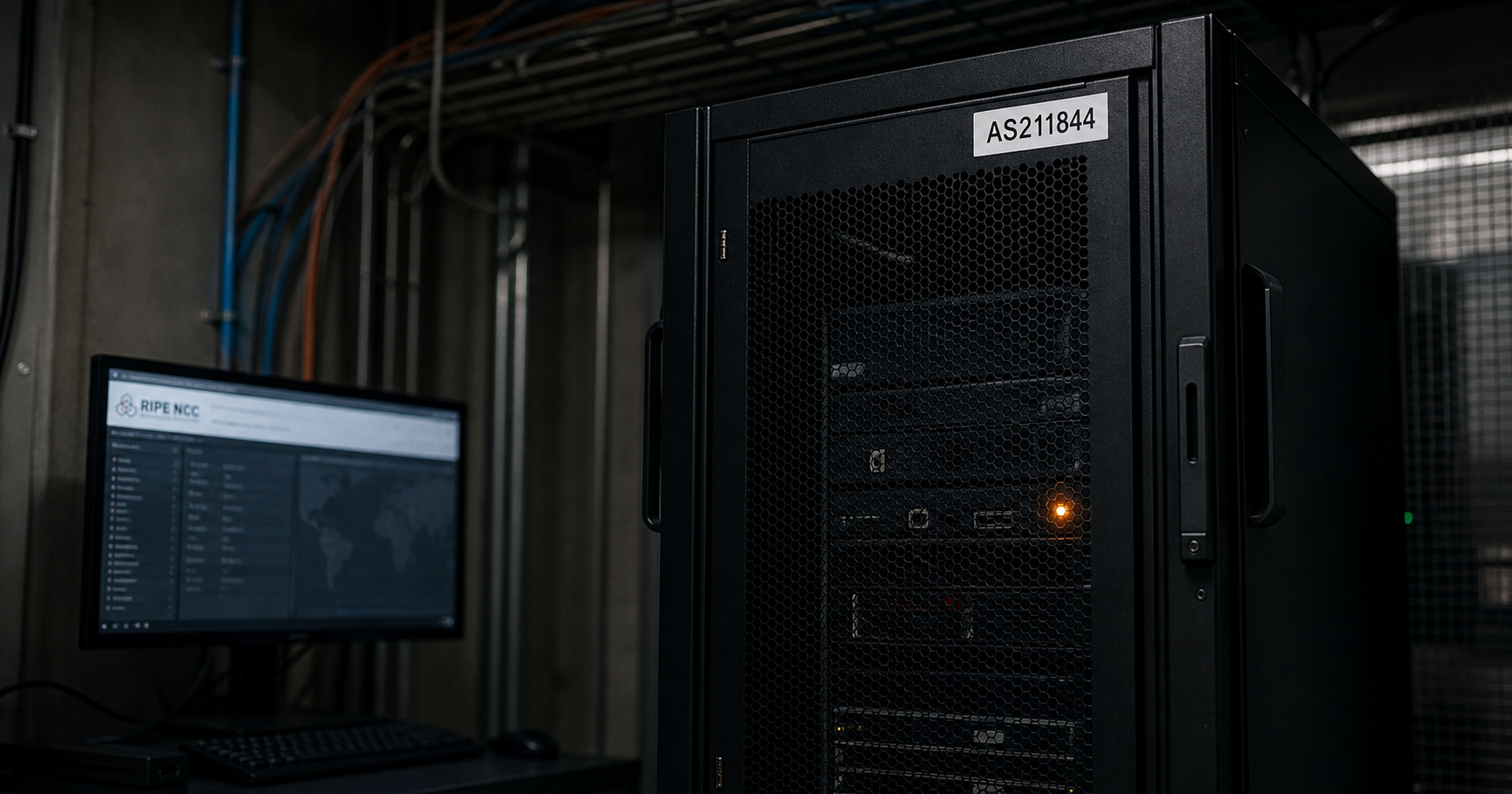 A dark server room with a single indicator light glowing next to a RIPE database emblem, representing the dormant ASN registration of Southern Water Services Ltd.