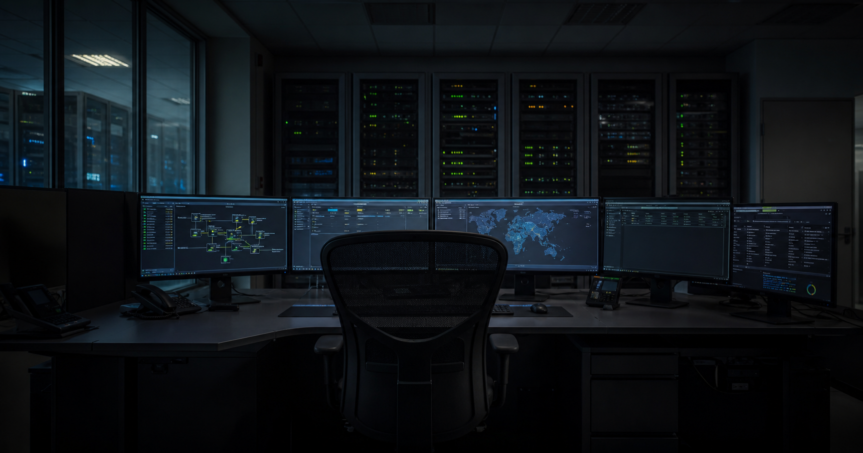 A dark network operations center with a BGP looking glass displaying 'No prefixes announced' for AS211843, conveying dormancy and uncertainty.