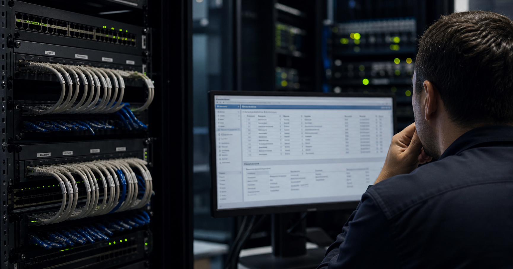 A dimly lit server room in Riga, a rack-mounted network switch blinks green amid tangles of cables.