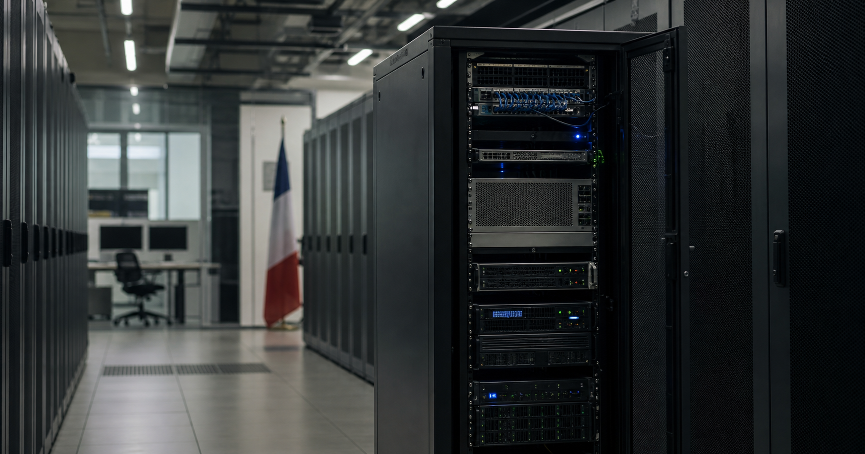 A silent data center aisle with unlit network switches, representing the dormant AS211835.