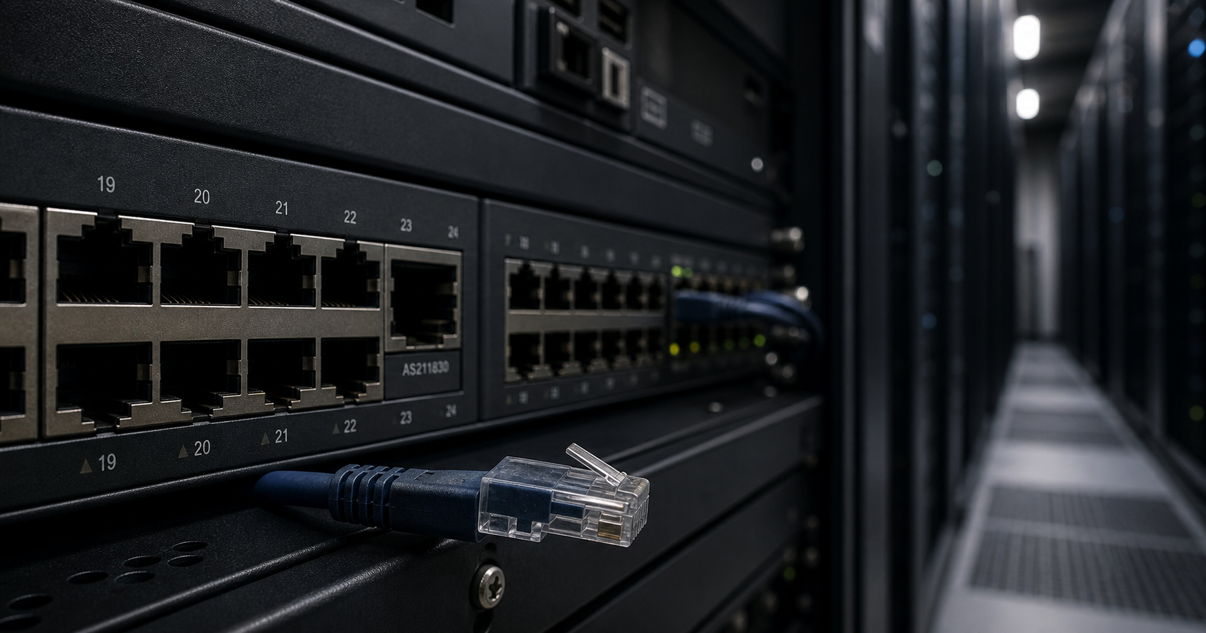 A stylized visualization of a dormant network node: a grayed-out switch port with a blinking but unconnected cable, set against a dark server room background.