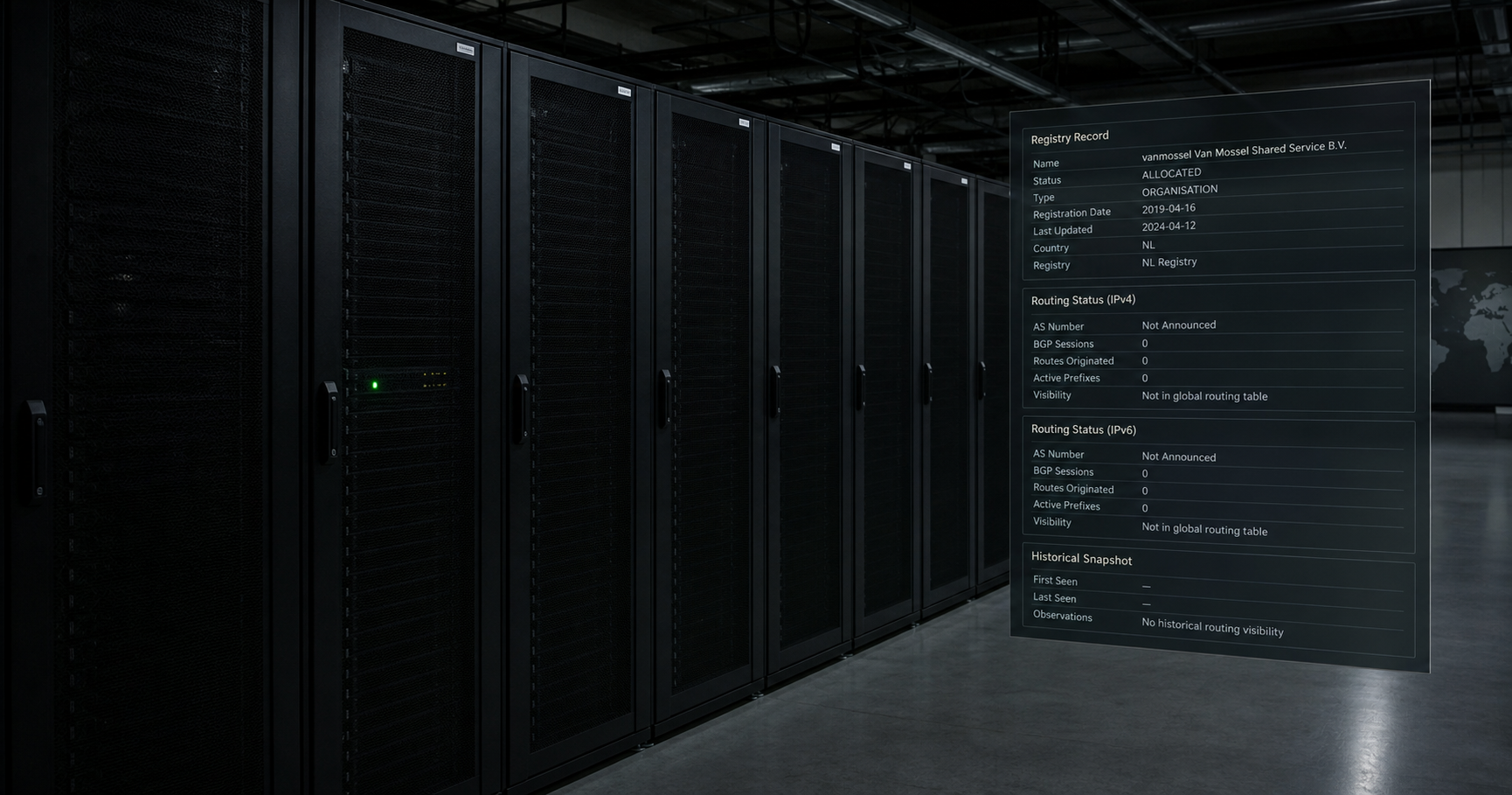 A dimly lit server room with a single rack-mounted device showing a blinking LED, representing a dormant autonomous system waiting for activation.