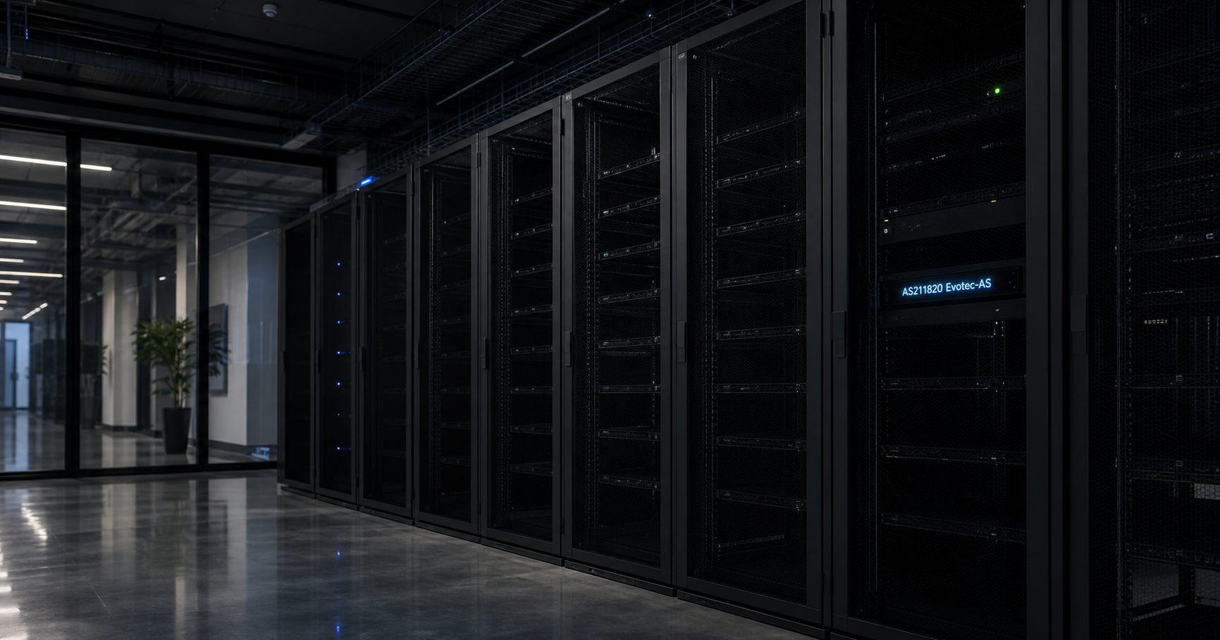 A dimly lit data center aisle with most server racks powered off; a single interface label reads AS211820, suggesting a dormant but registered identity.