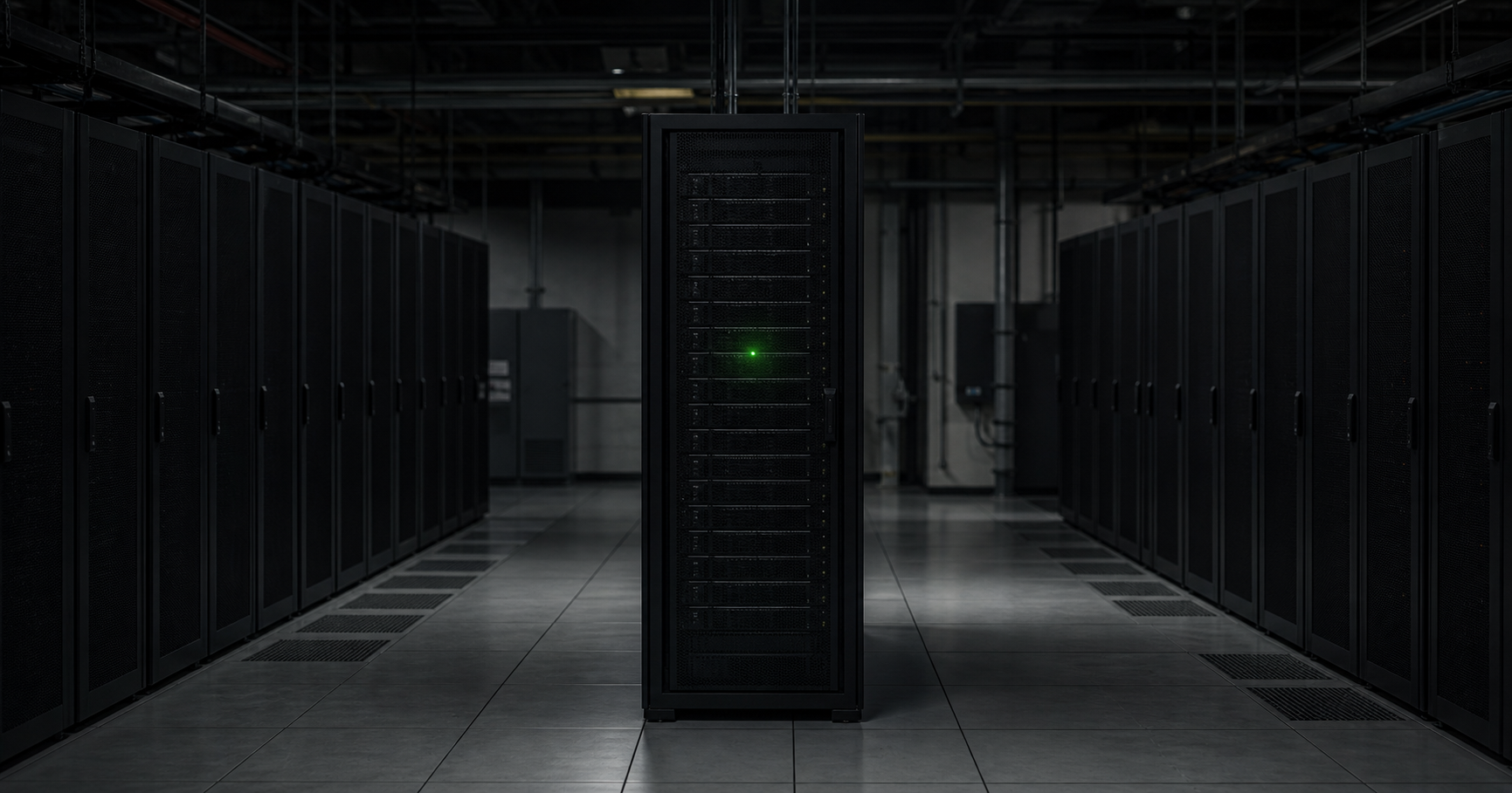 A dimly lit data center aisle with one server rack faintly illuminated, symbolizing a dormant but registered Autonomous System waiting to be activated.