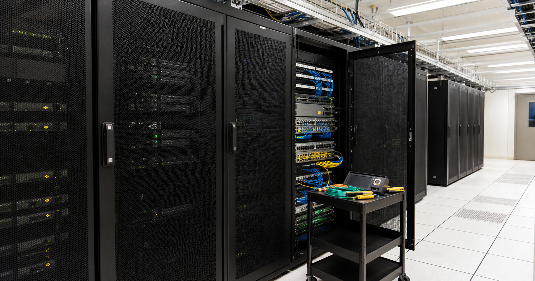 A dimly lit server room corner with a rack labeled 'AS211817'.