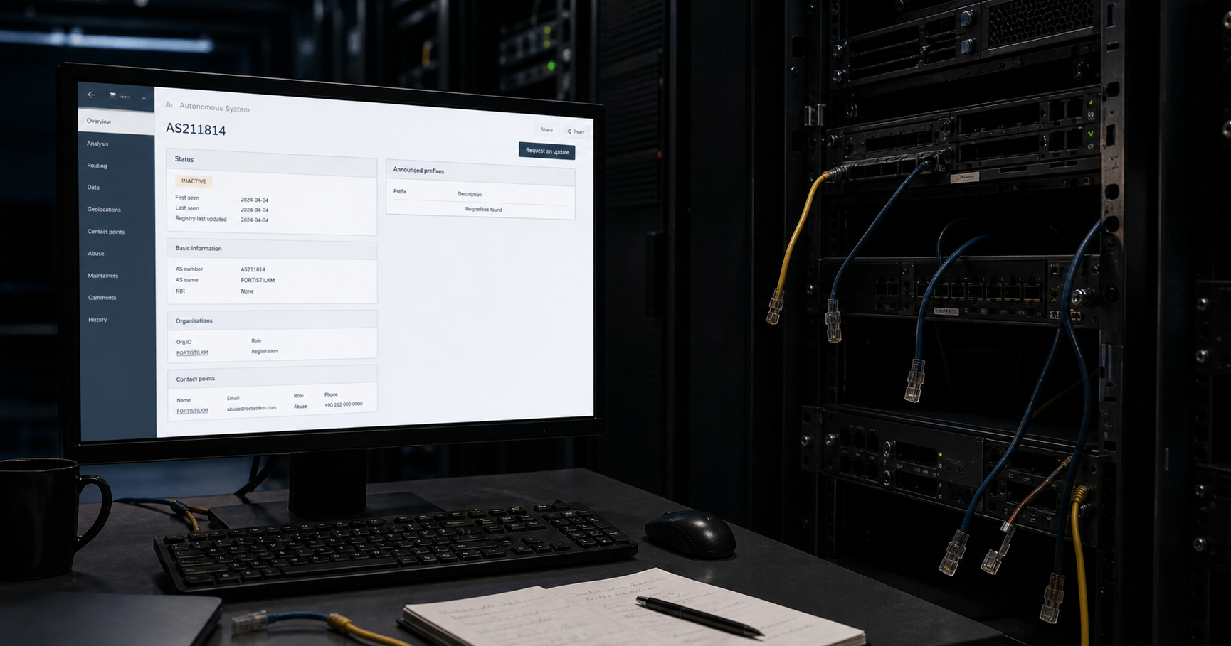 A network operations center with a monitor showing the RIPE NCC AS211814 registration, cables unplugged, indicating a dormant autonomous system.