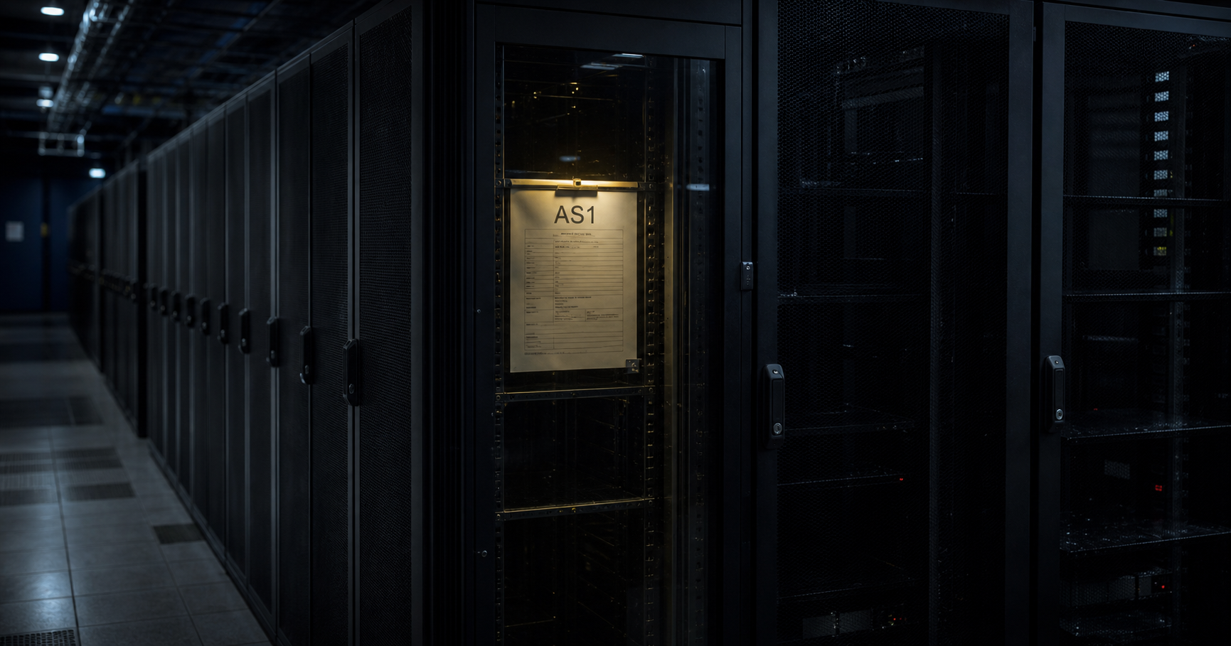 Abstract rendering of a deserted server room with a single glowing registration certificate labeled AS1, symbolizing a dormant network entity.