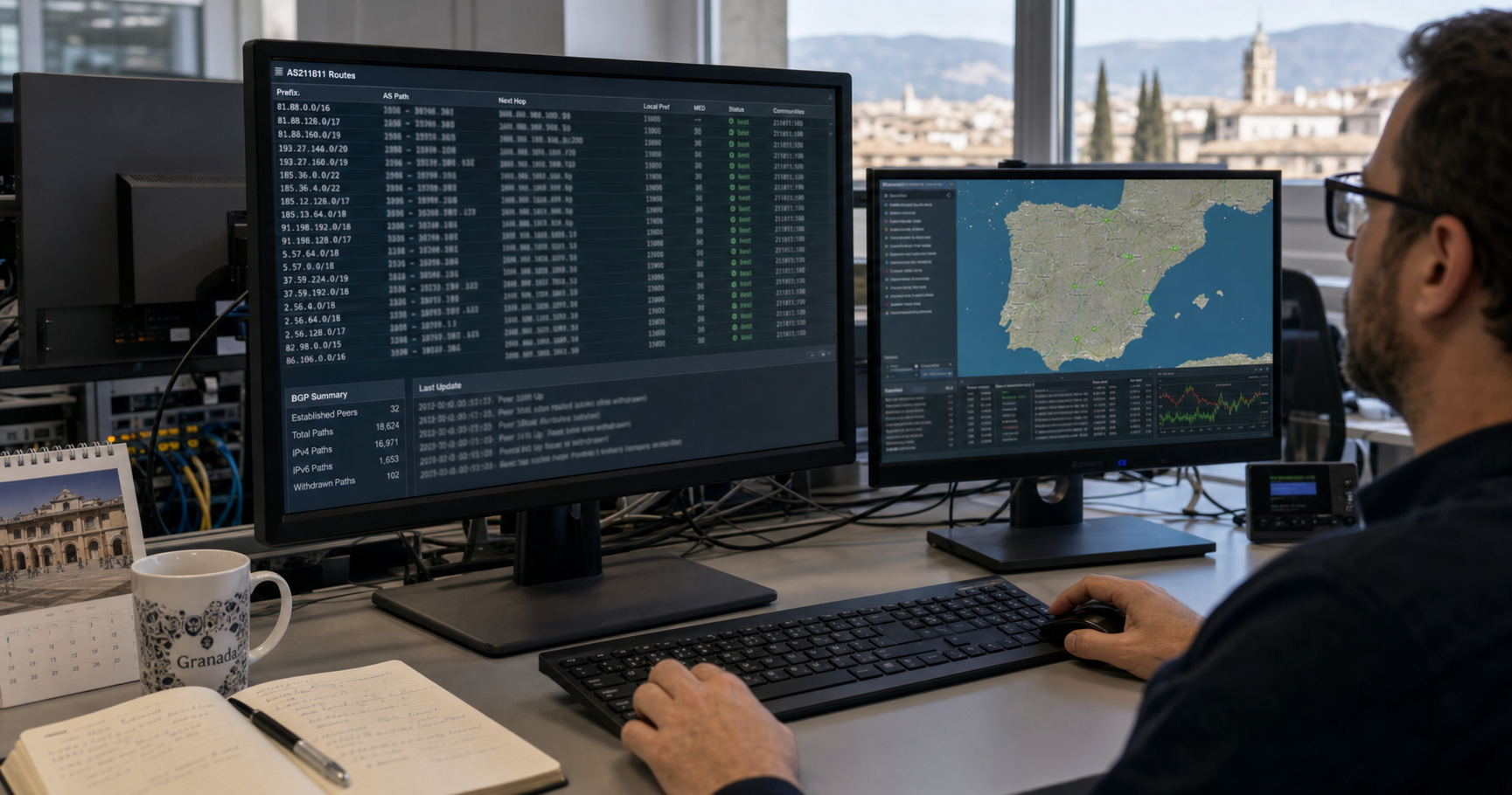 Network engineer's hand over a keyboard in a dimly lit control room, with a monitor displaying BGP route tables for AS211811.