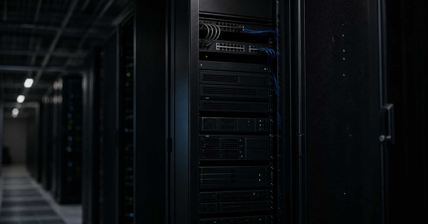 A dormant server rack with faint indicator lights in a dark data center.