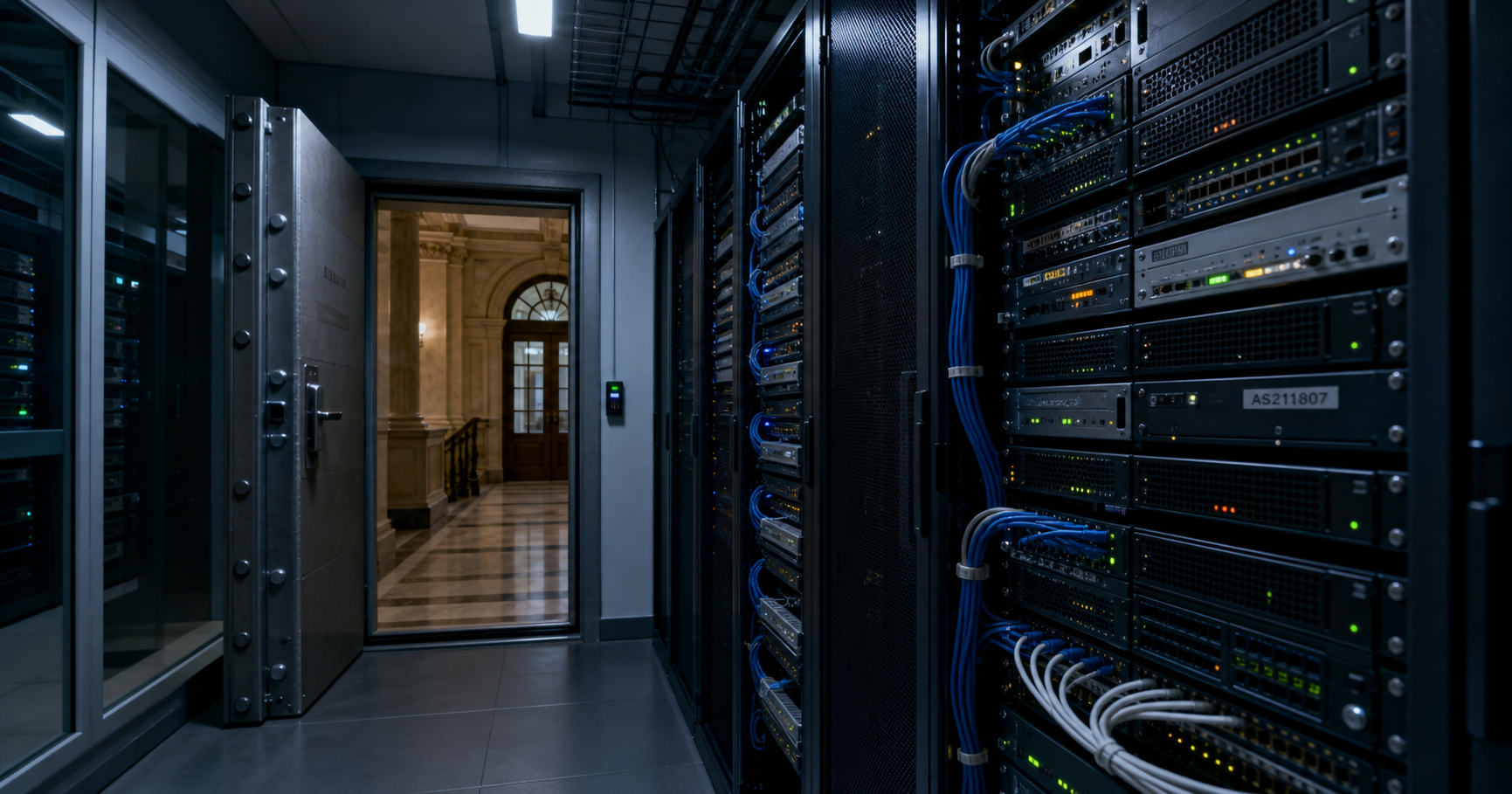 Artistic rendering of a bank data center with a router tagged AS211807, symbolizing unseen financial network infrastructure.
