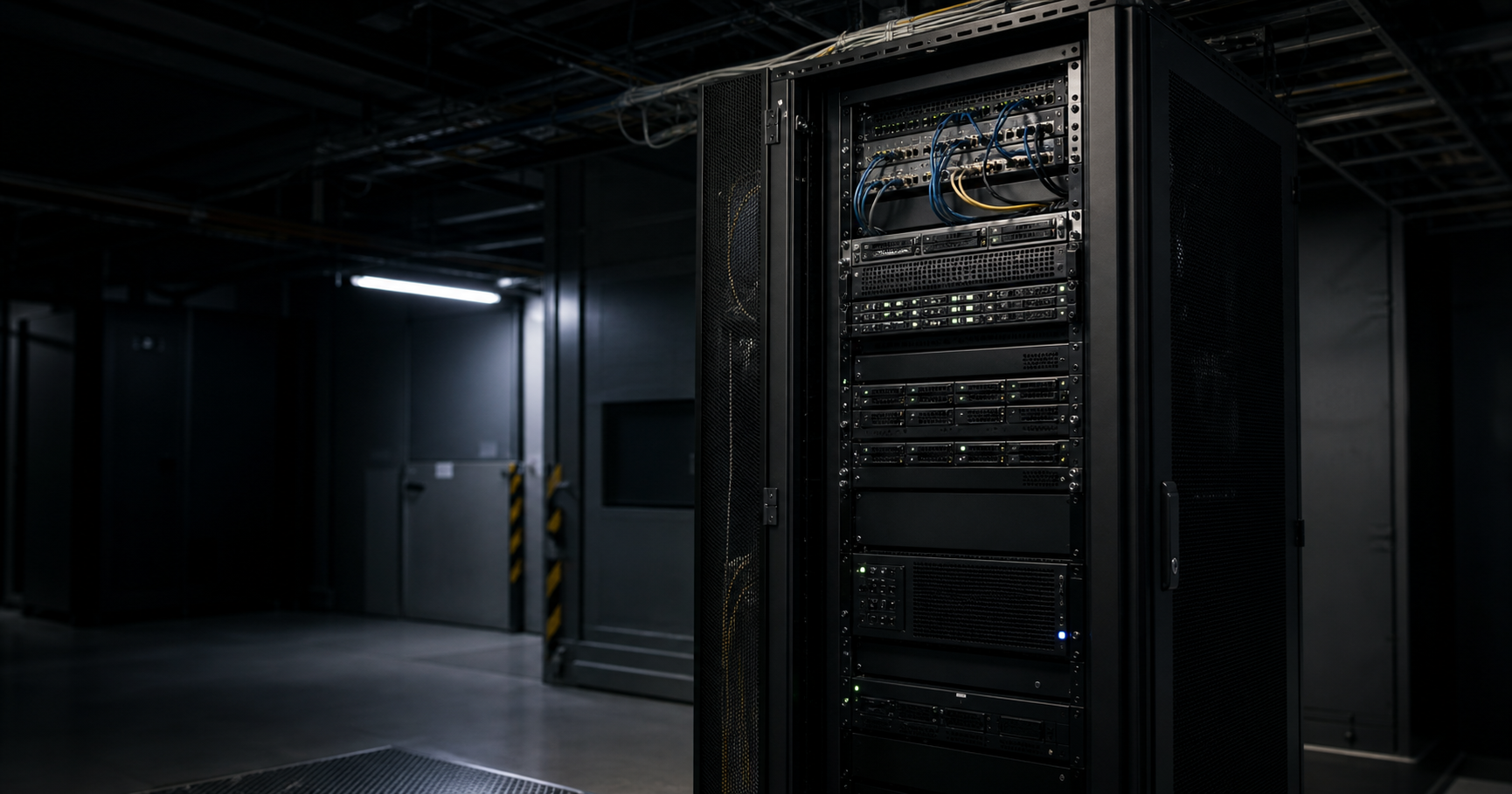Dark server room with disconnected cables and a monitor showing RIPE NCC registration record.