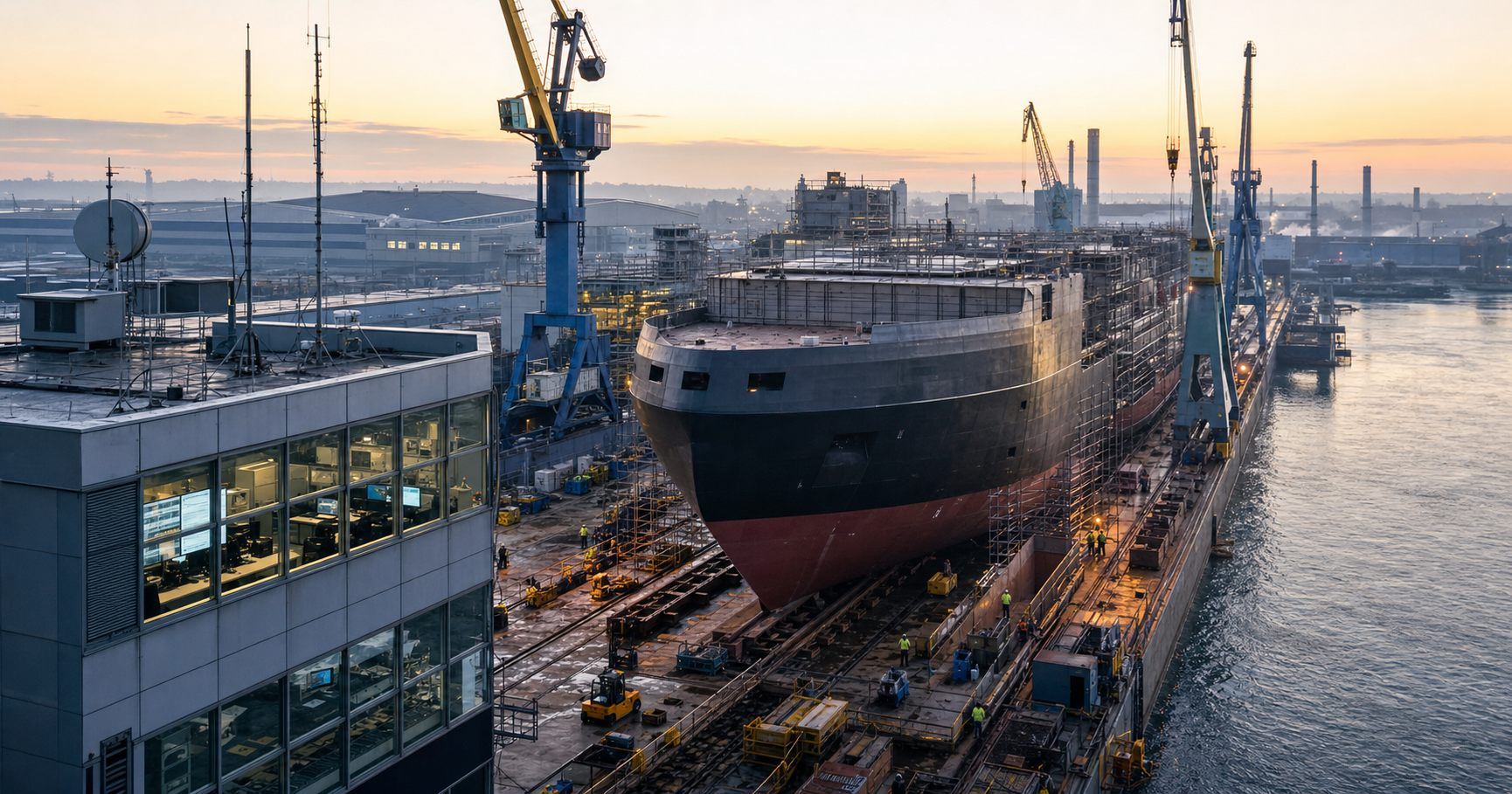 AI-generated editorial image for sskzvezda LLC "ZVEZDA SHIPBUILDING COMPLEX" showing the public operating context described by verified sources: The organisation's sole observable role is passive administrative maintenance of AS211801 in the RIPE NCC registry.