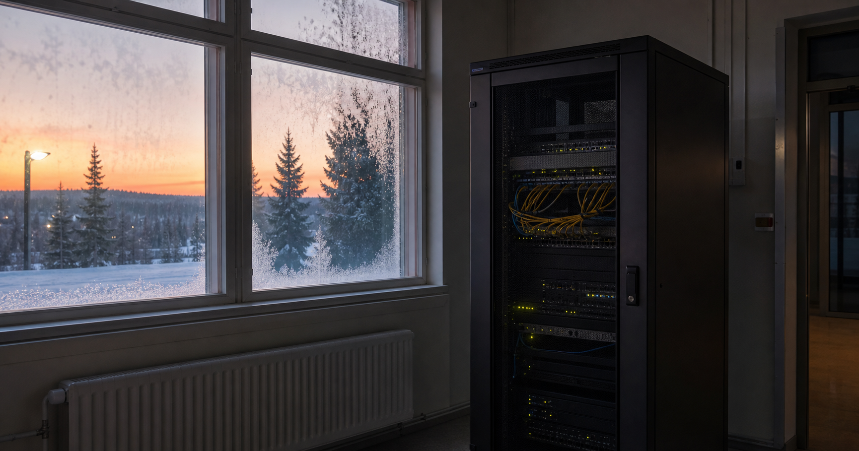 A network cabinet inside a municipal building in a snowy Finnish forest, with blinking LEDs indicating dormant connectivity.