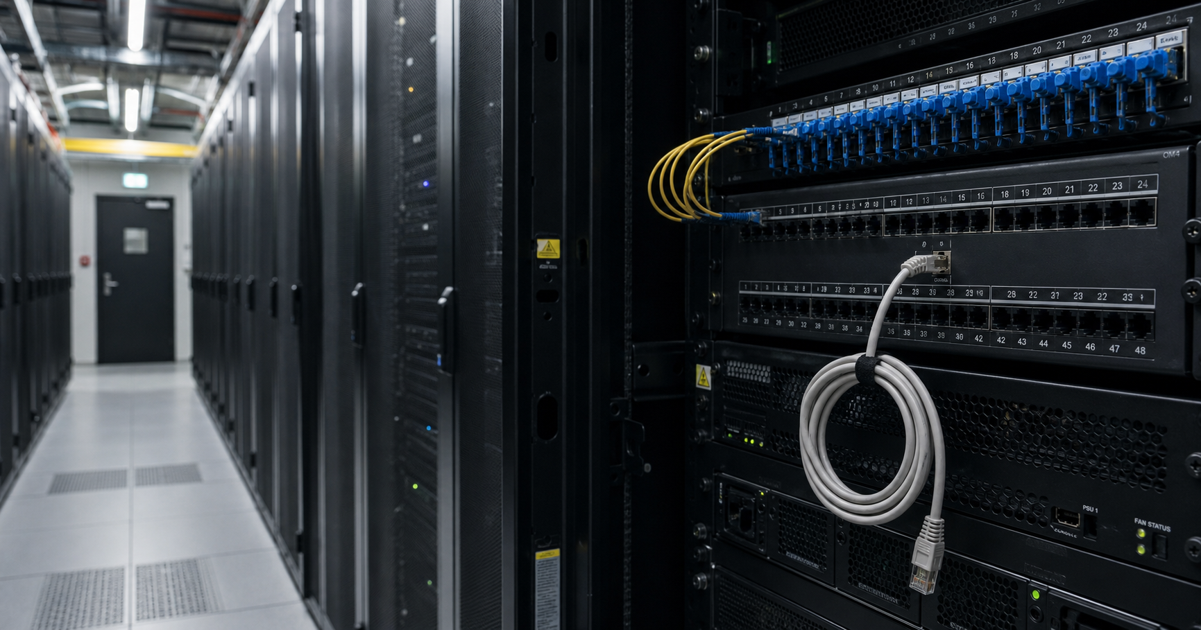 A dimly lit Polish data center aisle with an unplugged patch cable, representing the latent routing surface of AS211797.