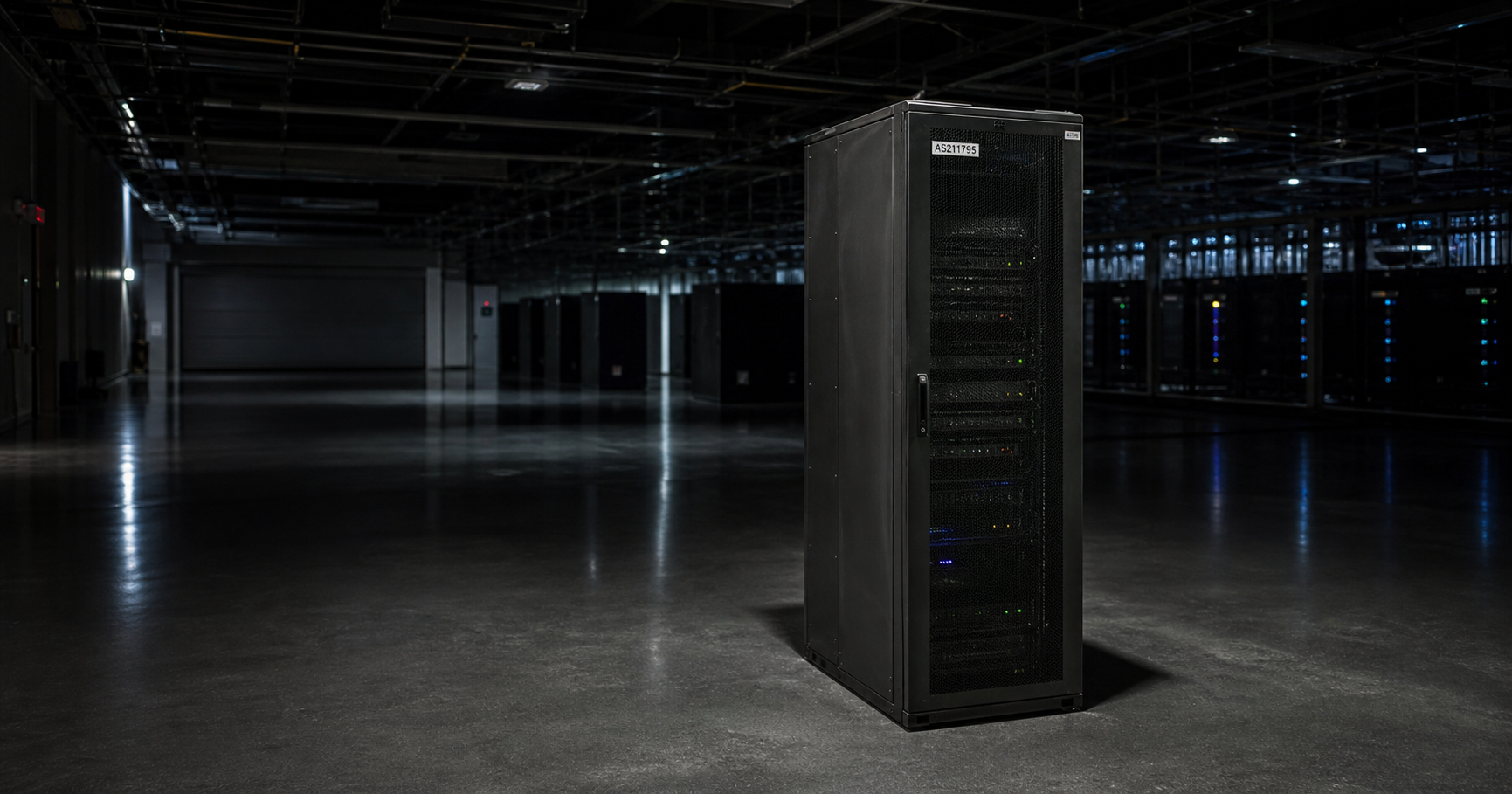 A dormant AS211795 server rack in a dark data centre, awaiting activation.