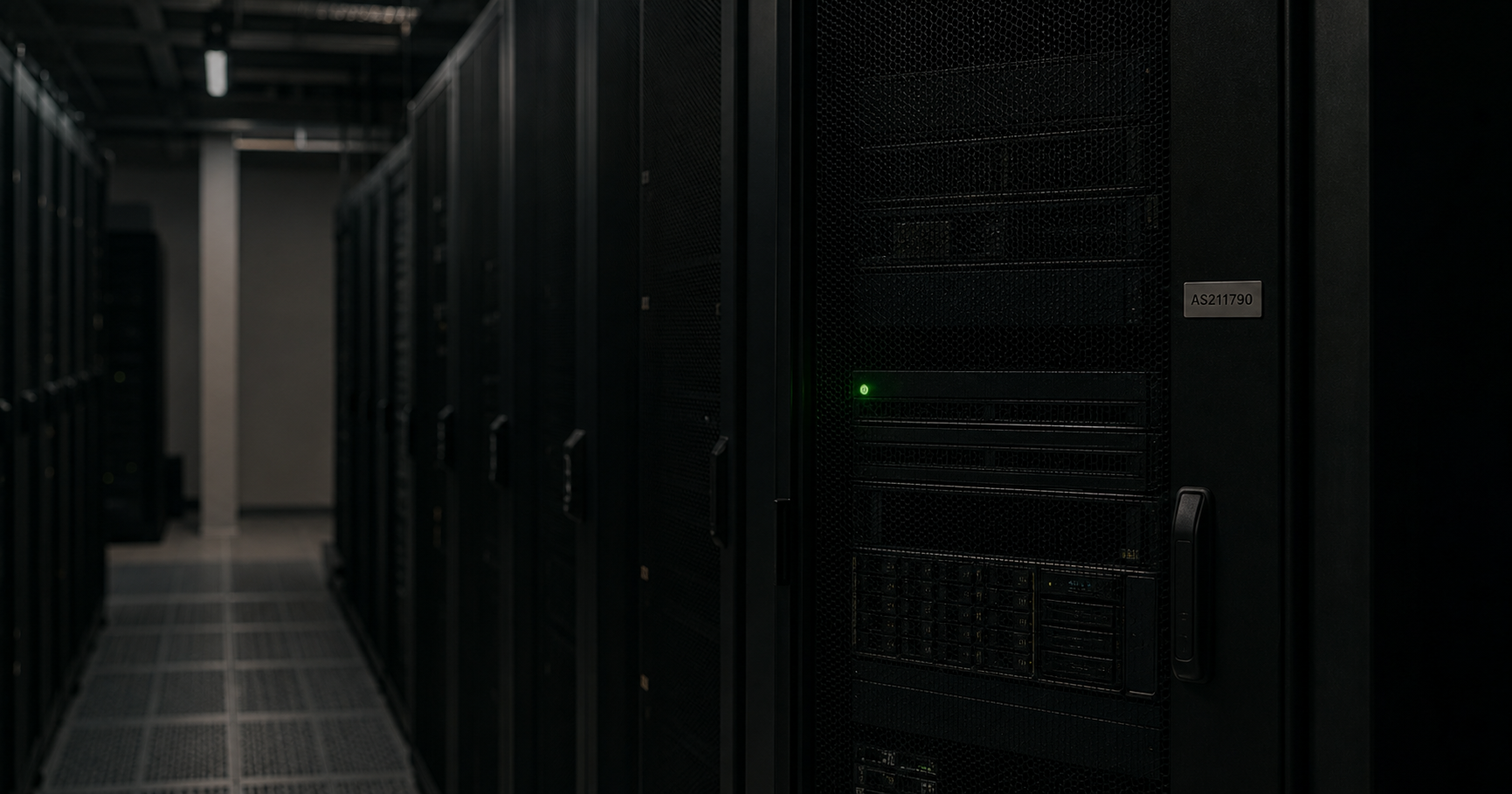 A darkened server room with a single illuminated rack labeled AS211790, disconnected from a global network map visible through a window.
