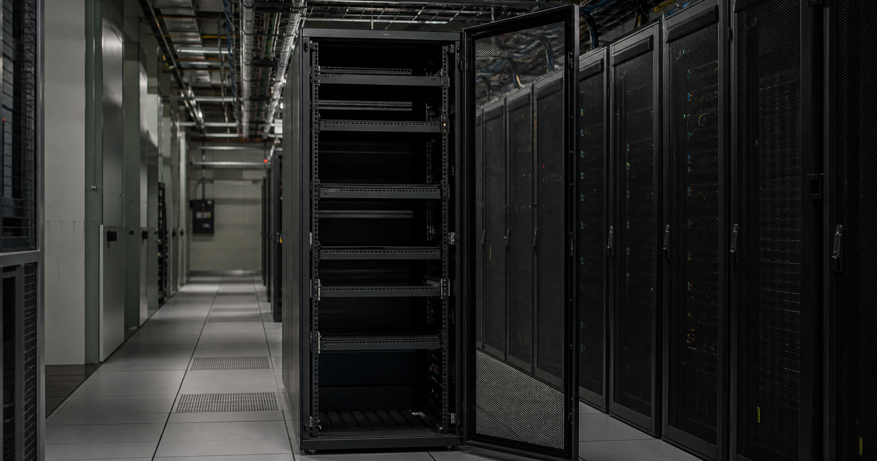 Empty network rack with idle switch representing the dormant state of AS211788.