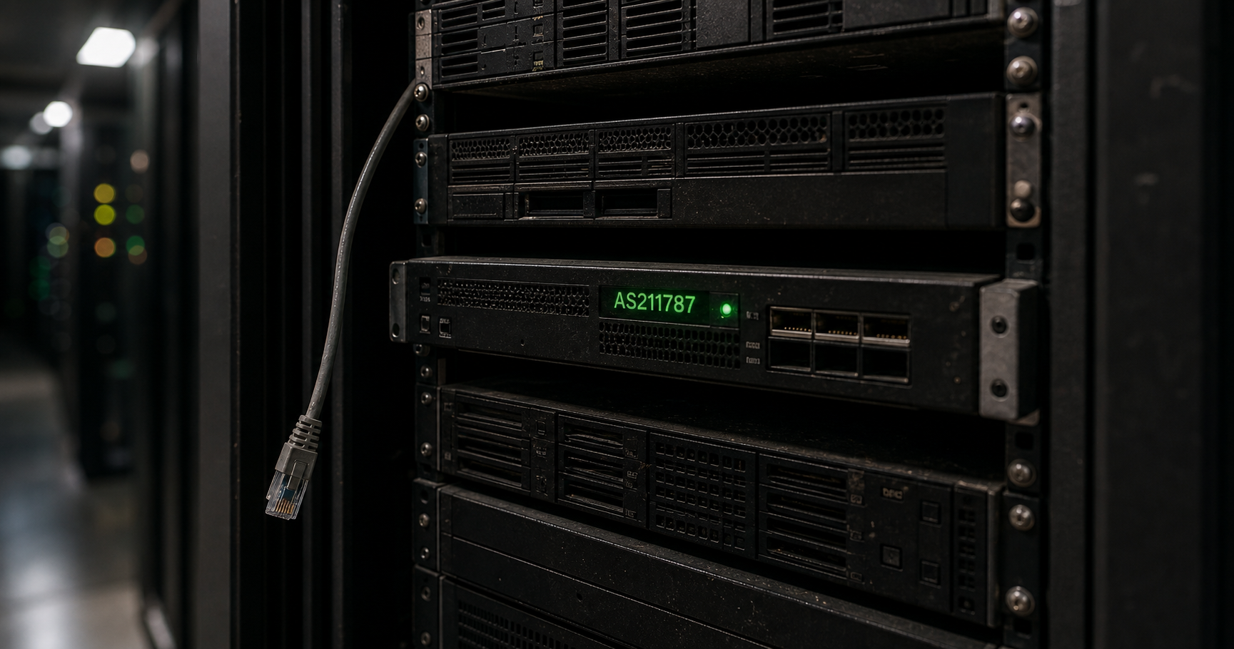 A dimly lit network rack with one active LED labeled AS211787 among unlit equipment.