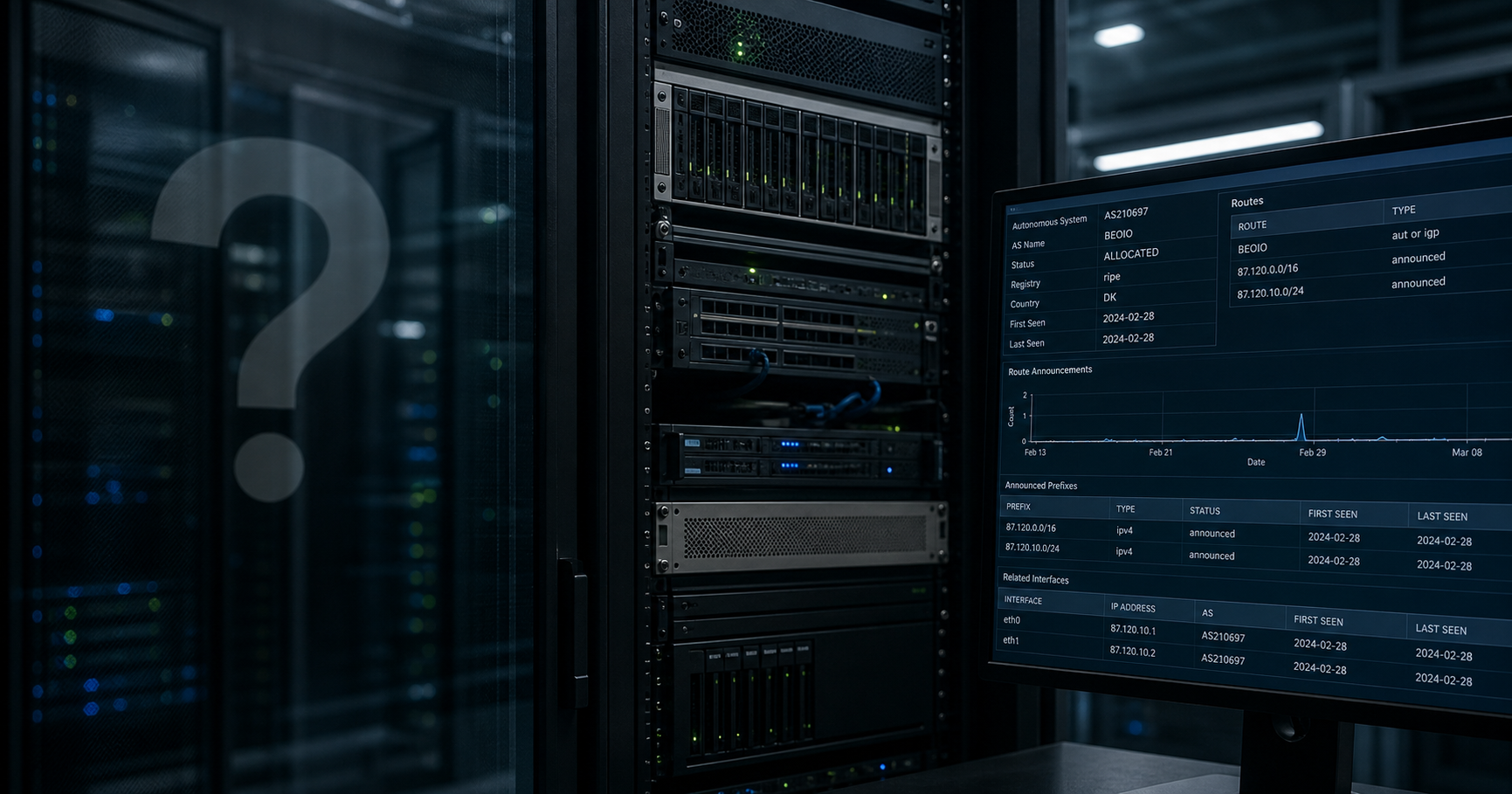 Server room with RIPE monitor and question mark symbolizing an inactive ASN.