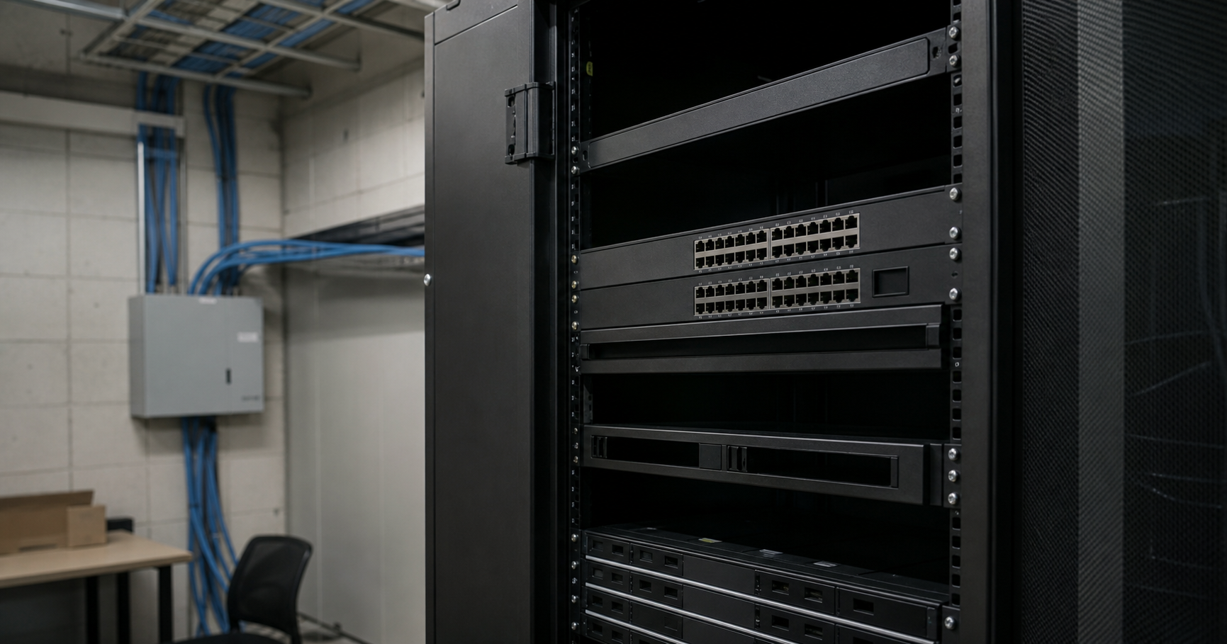 A dark server room with one rack of servers, all idle, no blinking lights.
