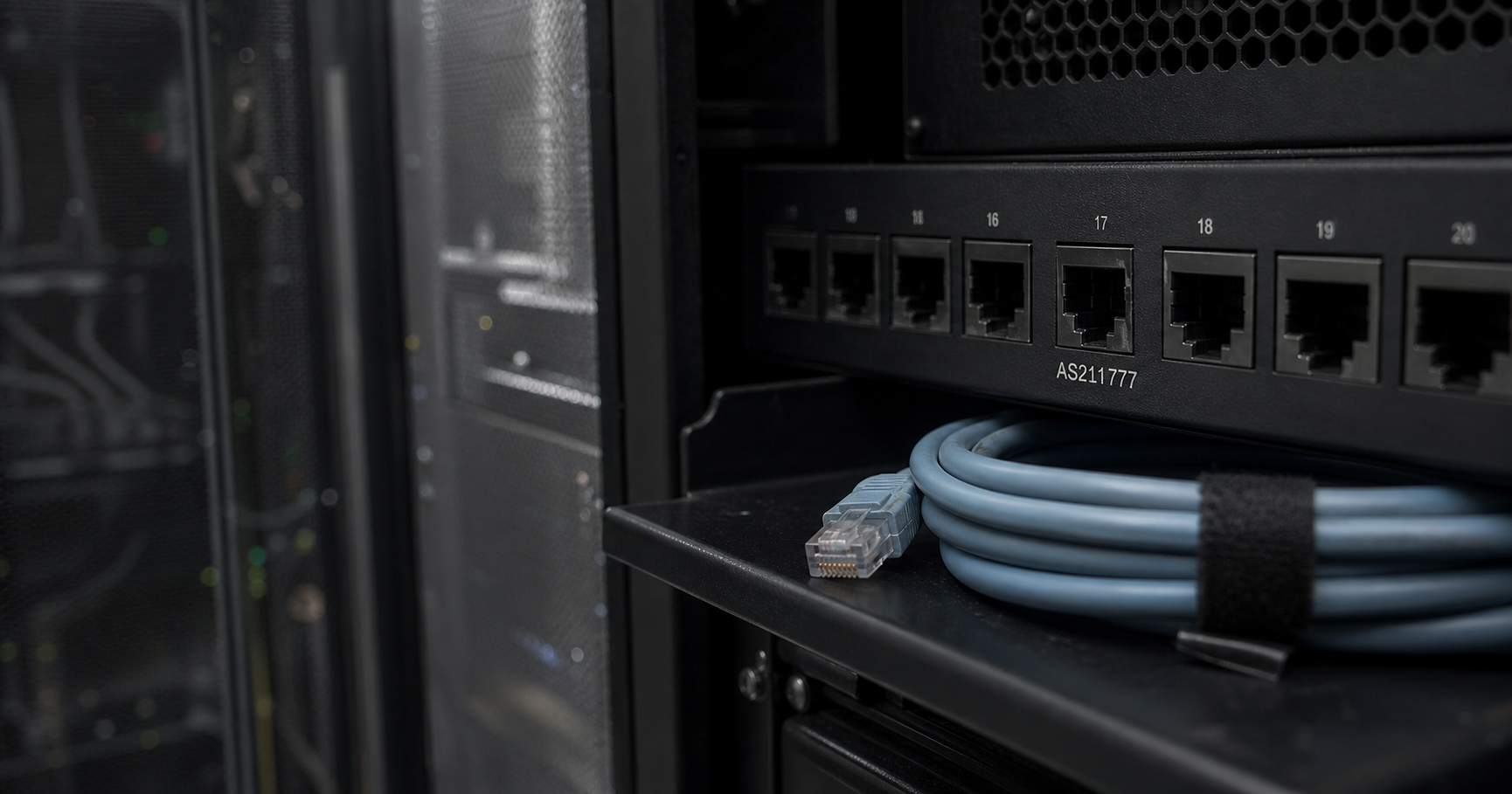 Unlit network port labeled AS211777 in a dusty server room, representing a dormant autonomous system.