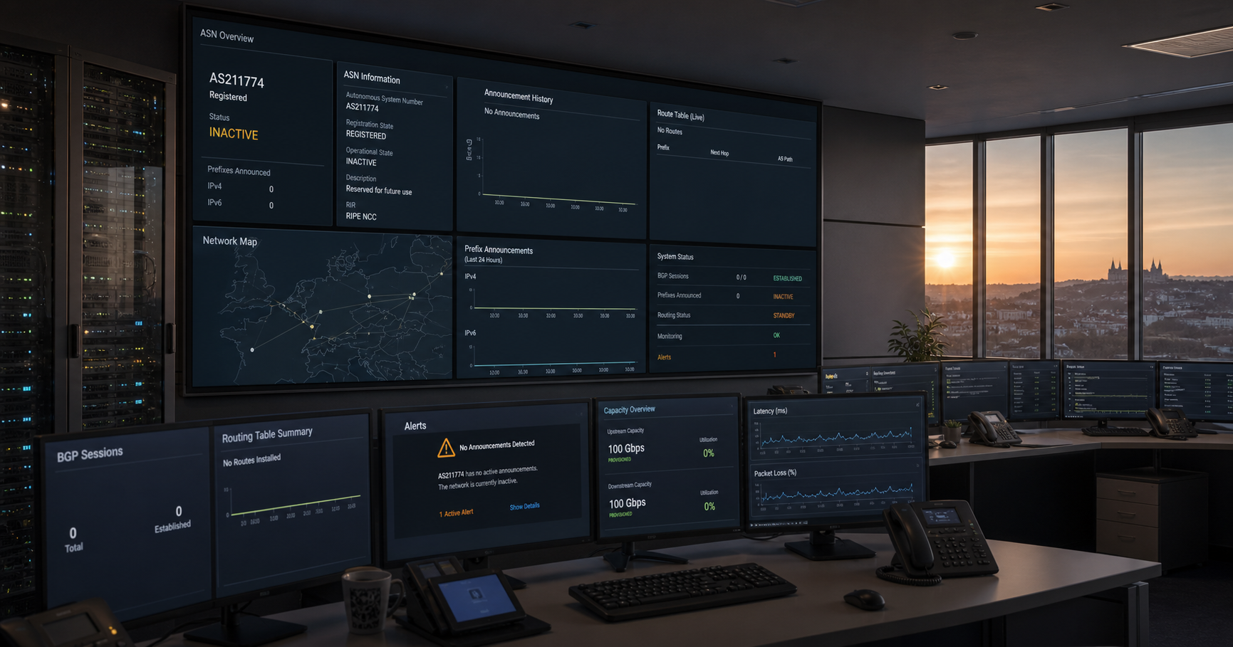 A visualization of a dormant autonomous system AS211774, showing no active routes in a network operations center.