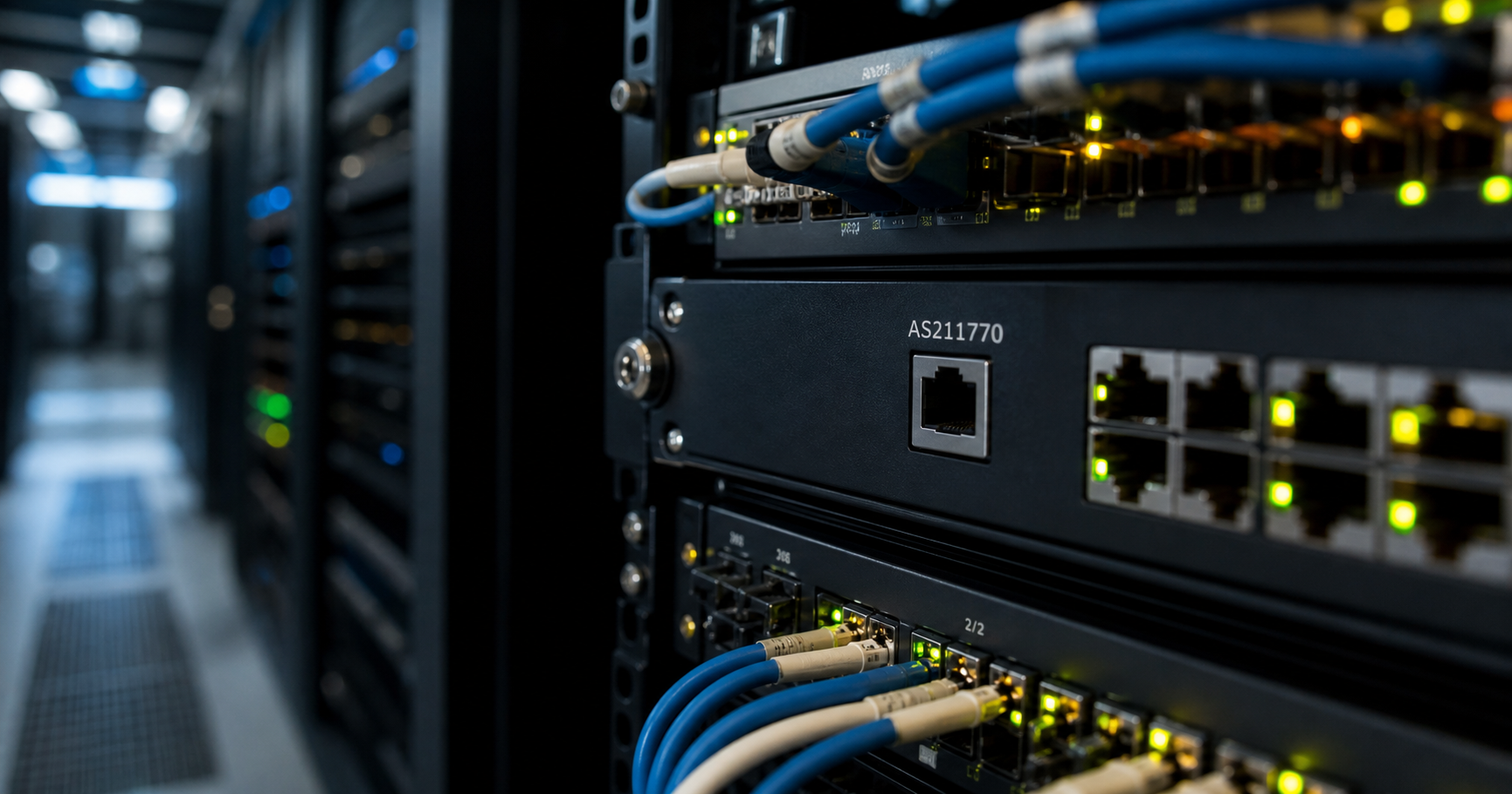 Dormant network port labeled AS211770 in a dark data center corridor, with active ports flashing in the background.
