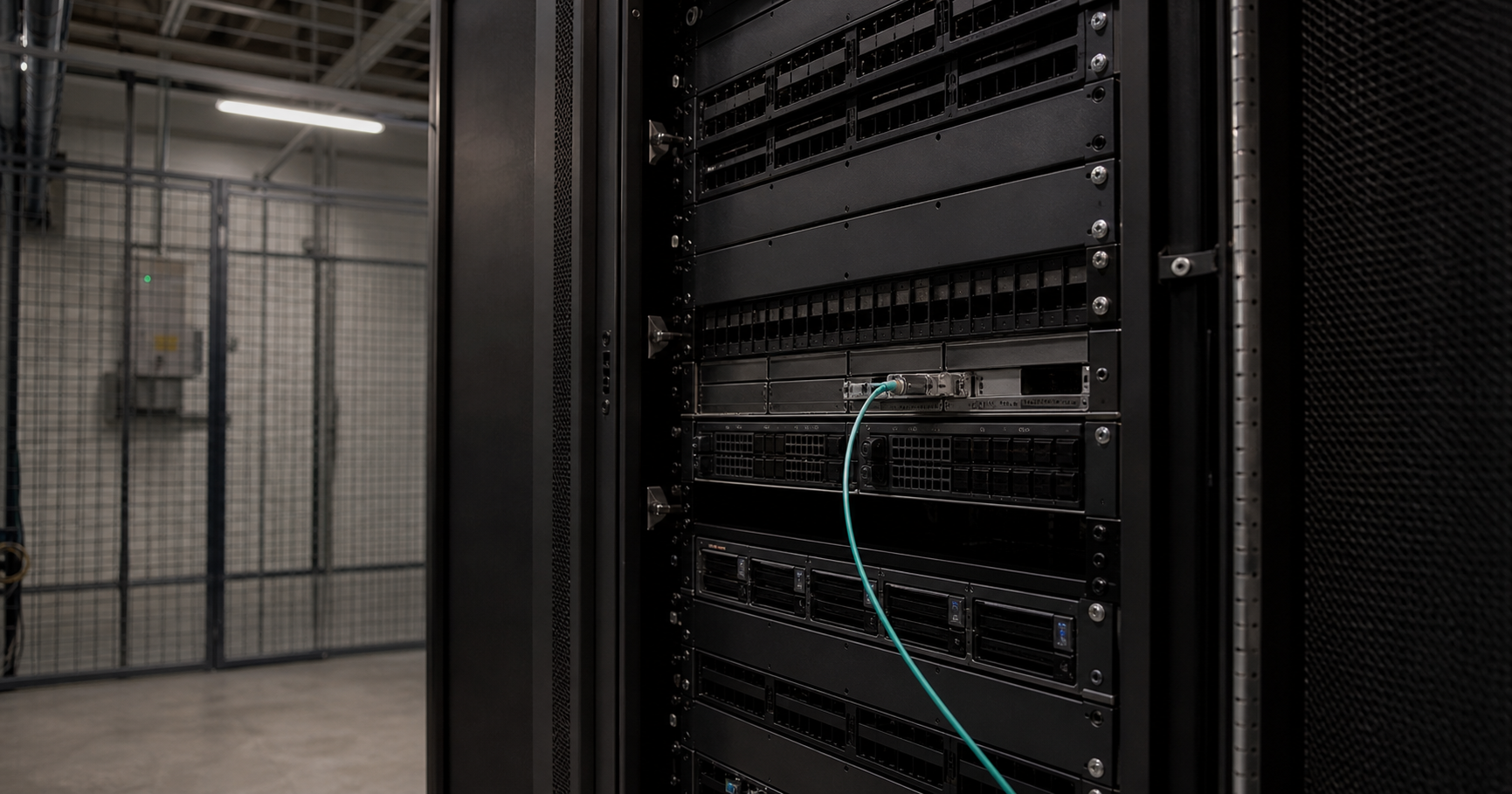 A dimly lit server room with one silent rack and a single fiber optic cable plugged in, no blinking lights.