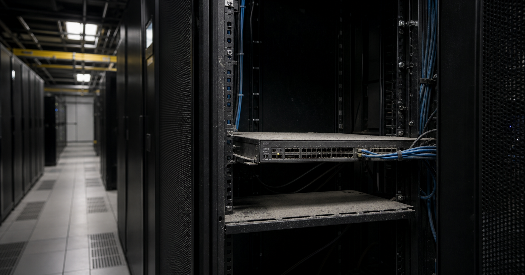 A dusty network rack in a dim data center with a single switch labeled AS211762 and a blinking amber LED.