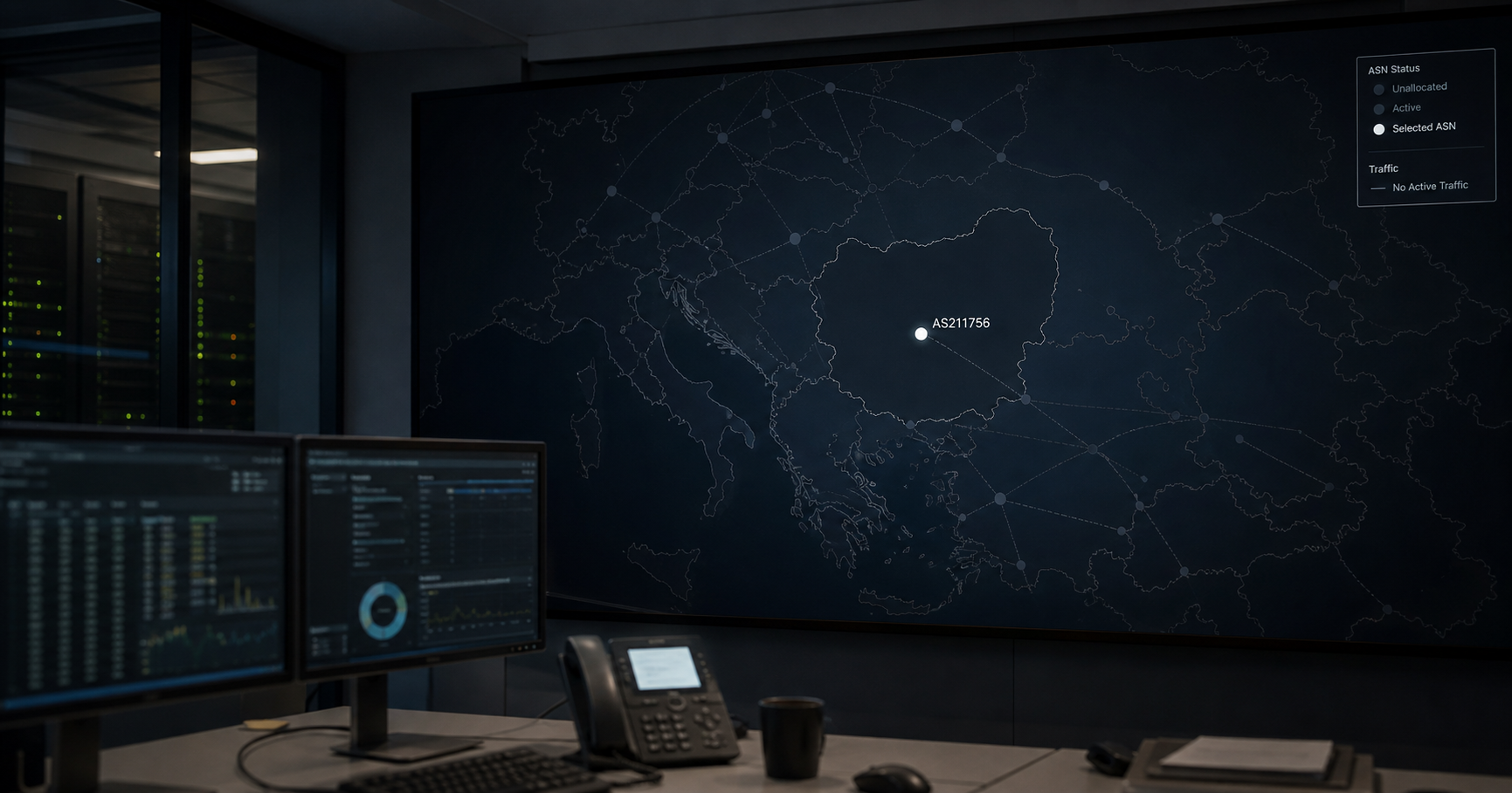 A single network node labeled AS211756 sits inactive on a dark, empty internet map.