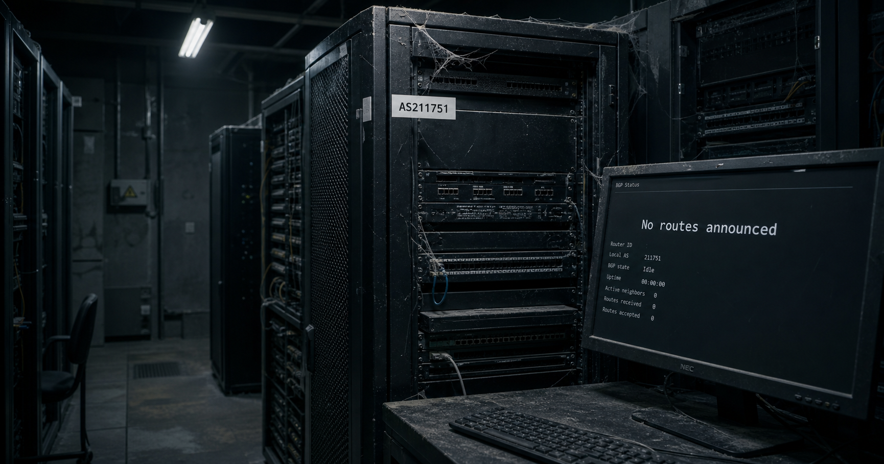 Server rack with label AS211751 and a screen displaying 'No routes announced', in a dim, dusty room.