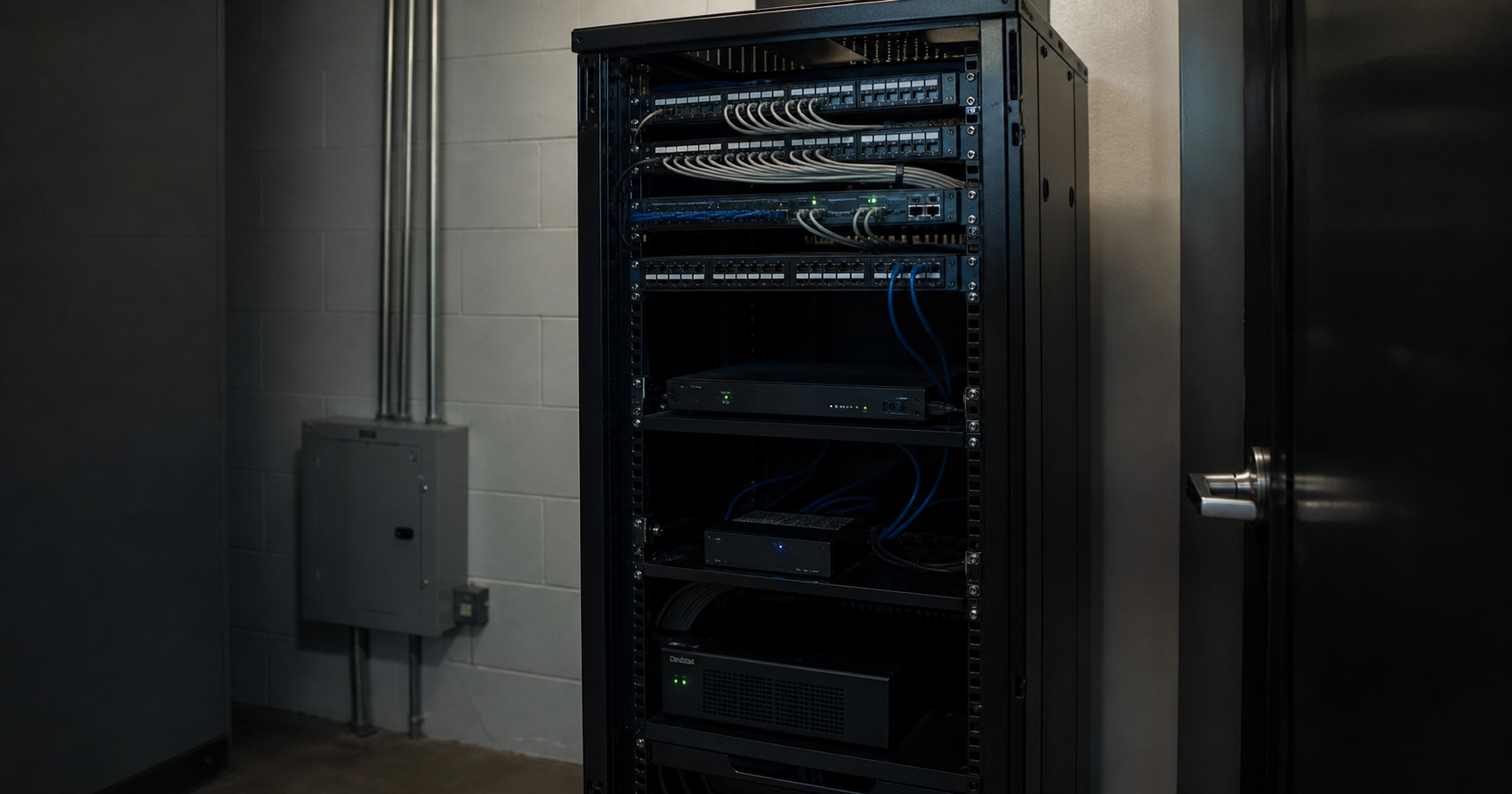 Dormant network rack with idle switch and monitor showing AS211750 registry details and zero announced prefixes.
