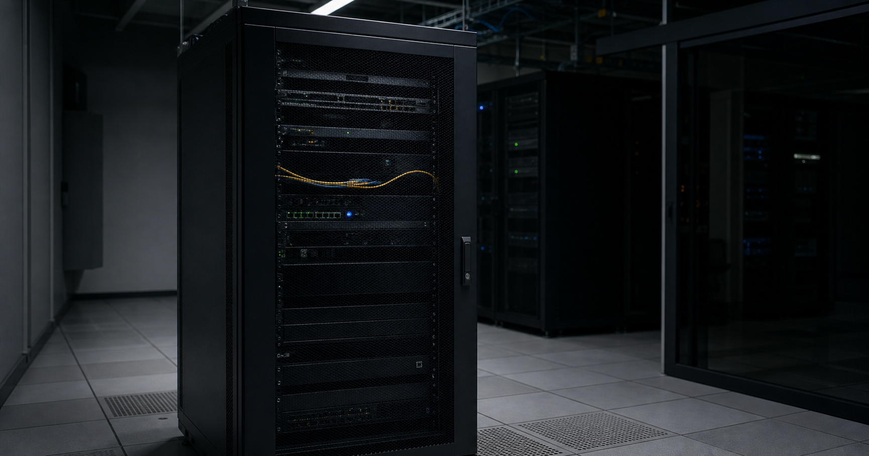 A darkened server room with a single rack, blinking switch lights, and a disconnected Ethernet cable, conveying dormant network potential.