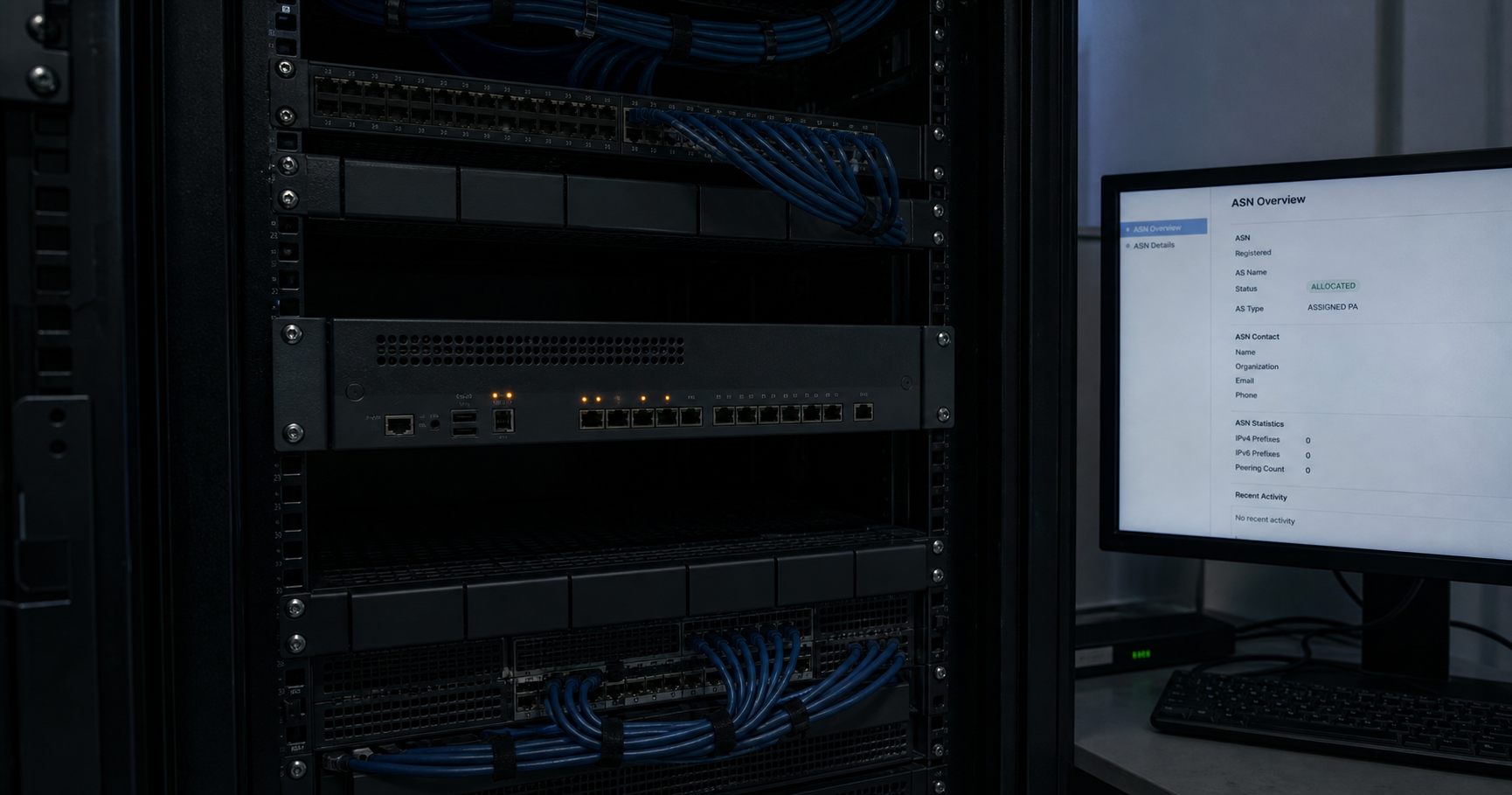 A dimly lit network closet with a dormant router, dark status lights, a disconnected fiber cable, and a monitor displaying an AS211744 registry entry.