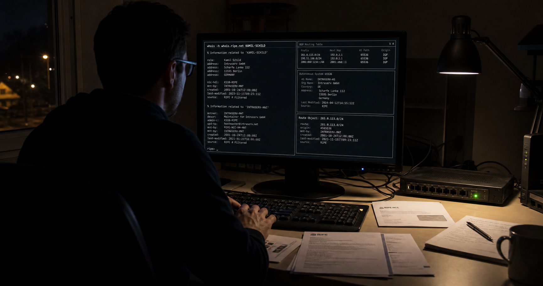 A dimly lit home office with a monitor displaying a WHOIS query for AS211742, a dusty network switch, and a silhouette of a person at a keyboard, symbolizing the solitary control and uncertainty over a dormant autonomous system.