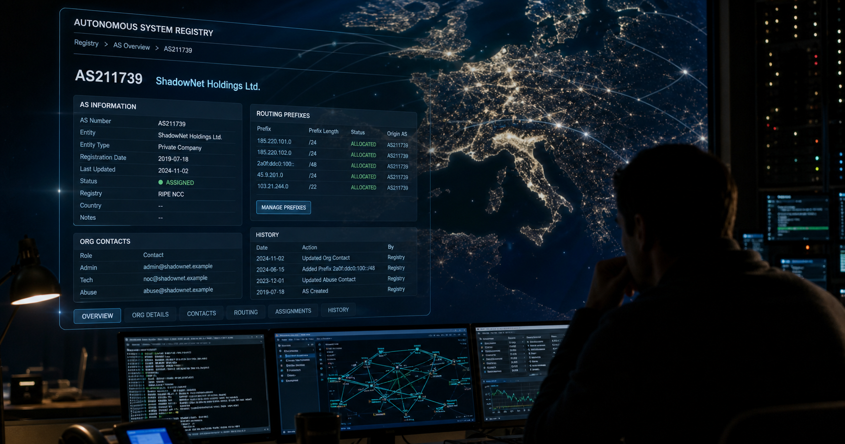 A network engineer at a terminal, illuminated by the screen showing a RIPE ASN registration page for NewsTech-EMEA, with a cryptic map of Internet connections.