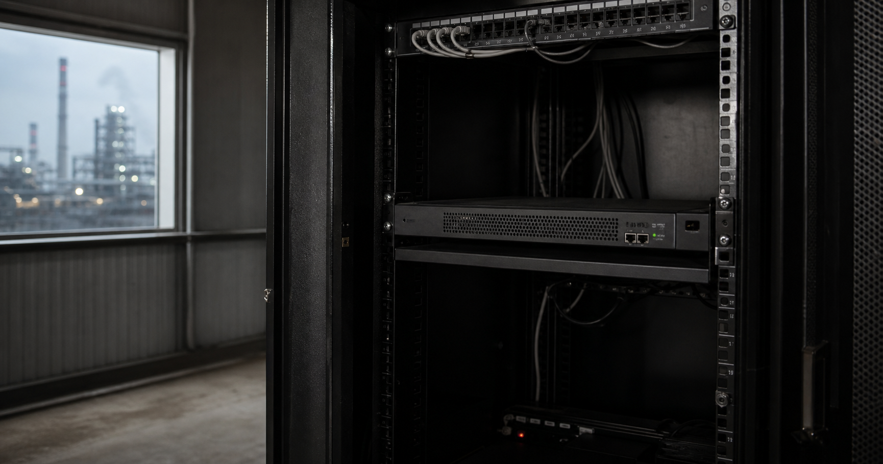A dormant router in a dim server room with a monitor showing the RIPE NCC registration page for AS211735.